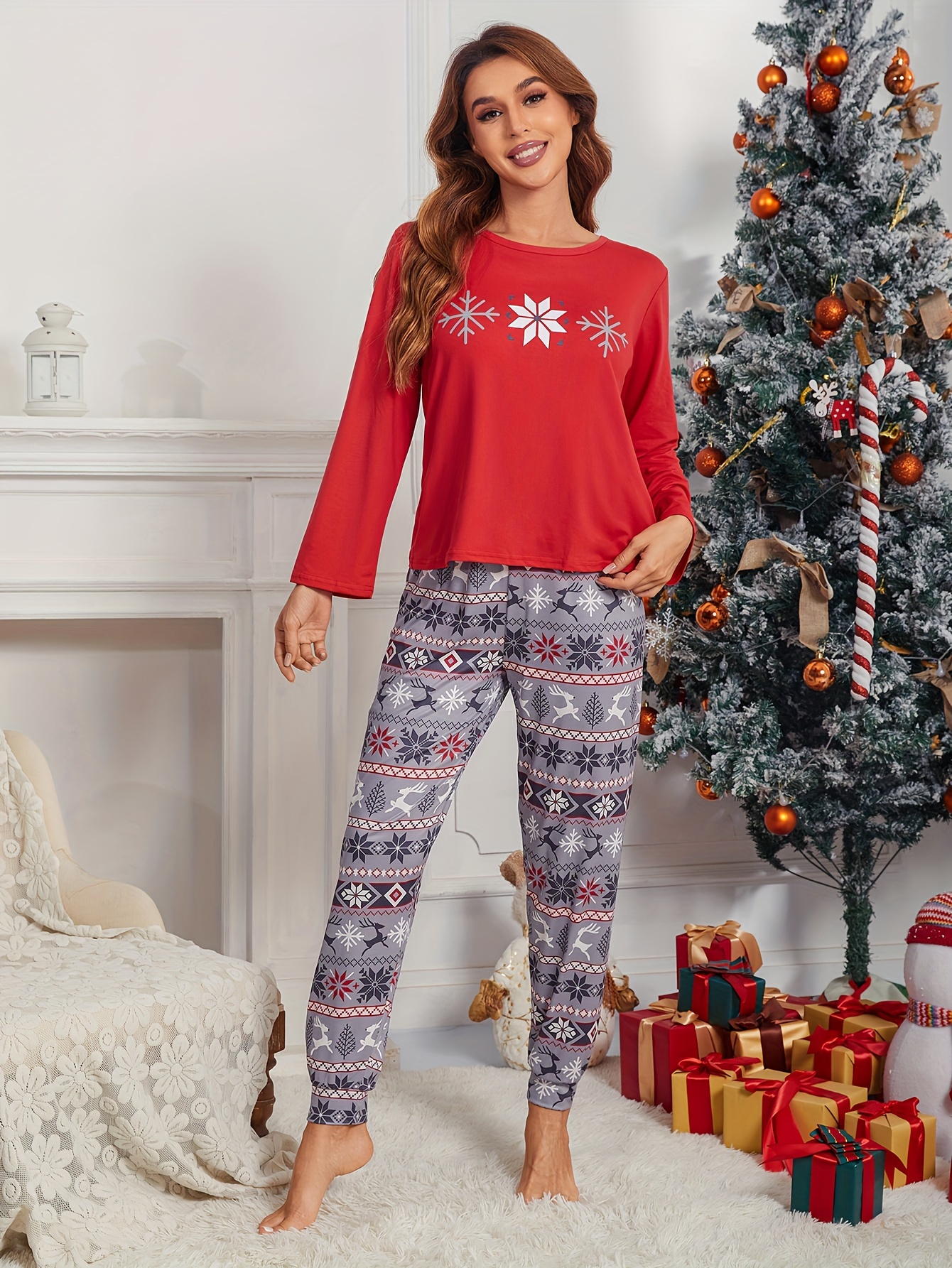 Snowflake Print Christmas Pajama Set Long Sleeve Crew Neck - Temu