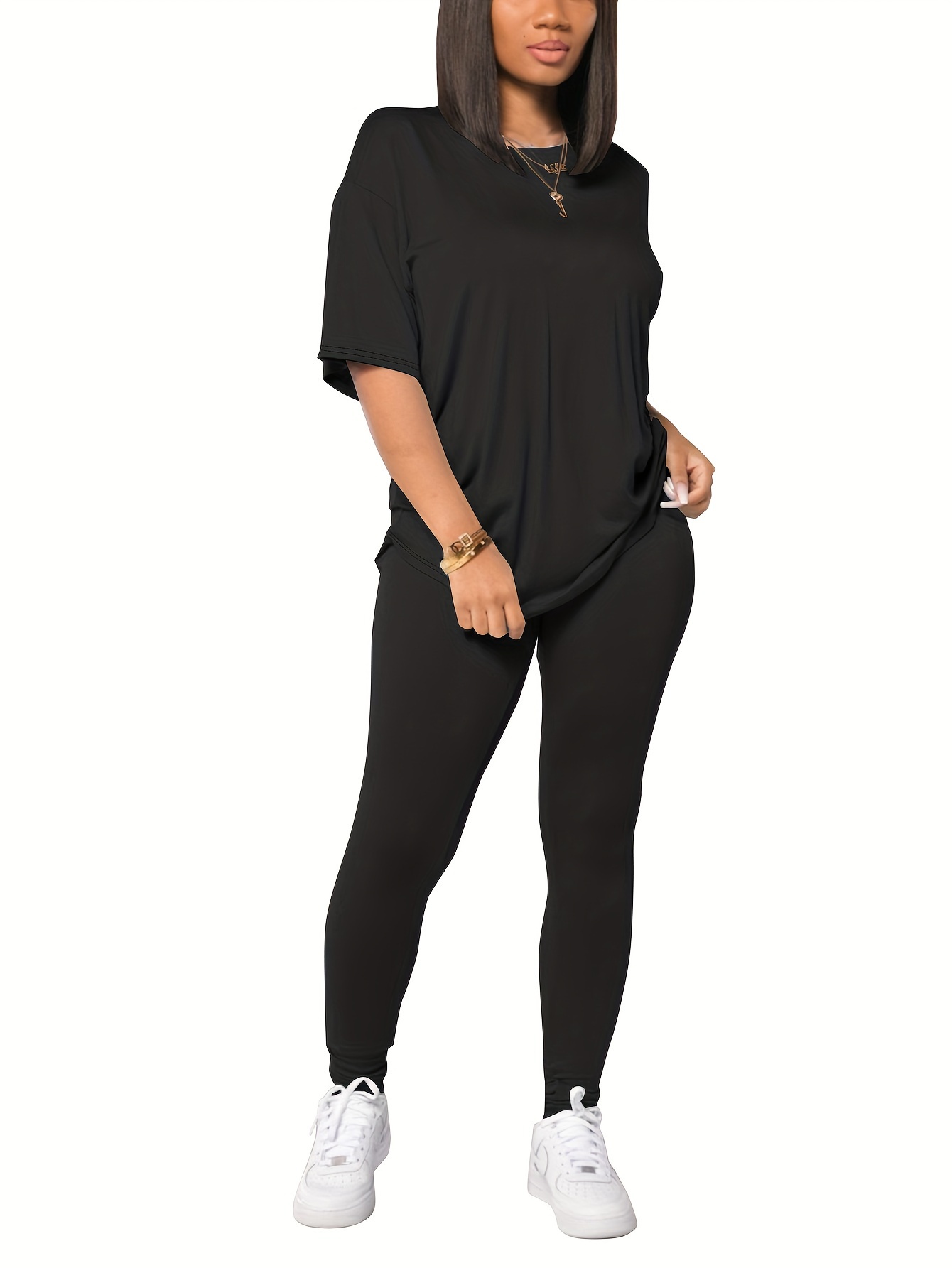 Women Full Length Solid T-Shirt Set With Leggings Black Small Black Small 