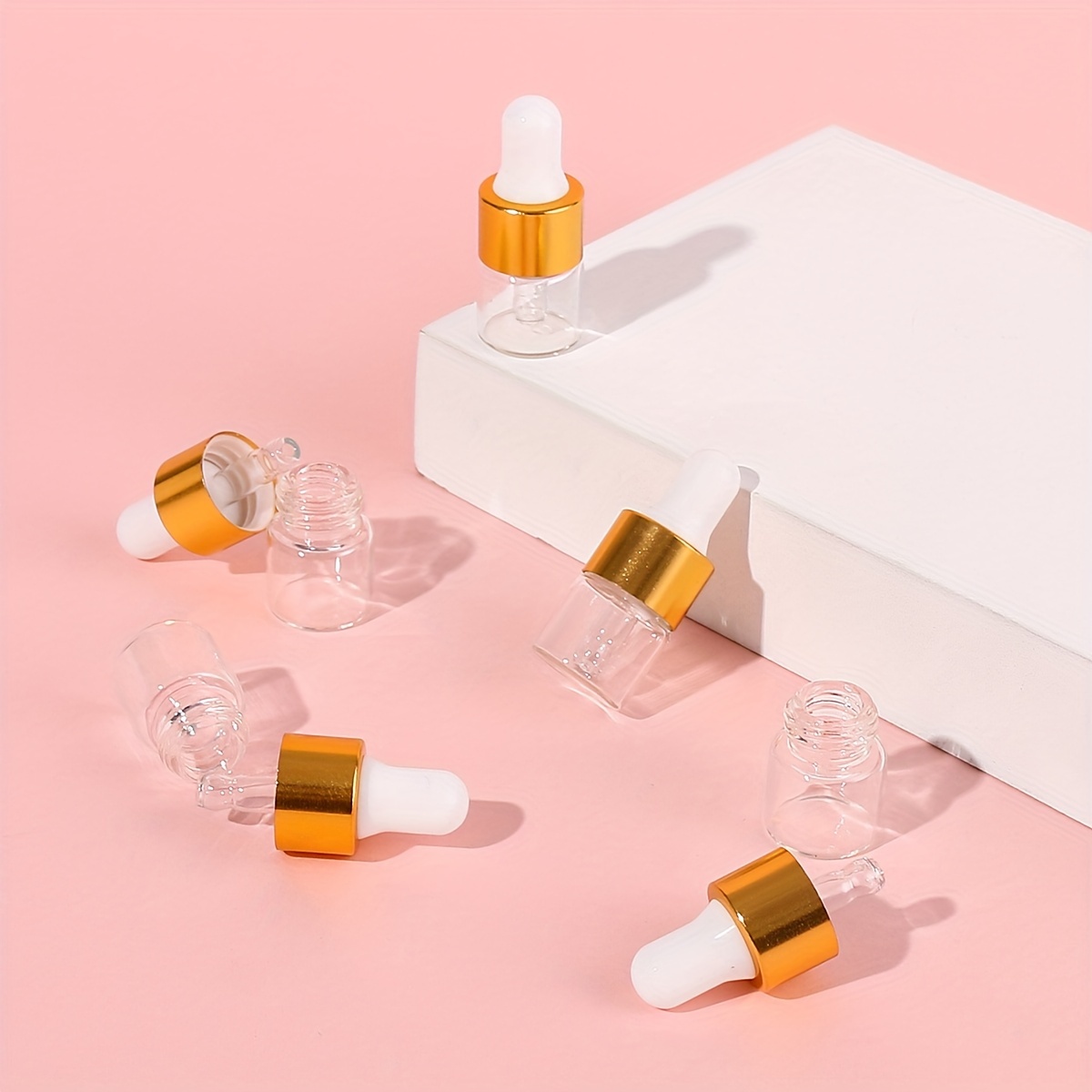 50pcs clear glass dropper vails 1ml mini essential oils sample dropper bottles with golden cap for traveling essential oils perfume cosmetic liquid details 1