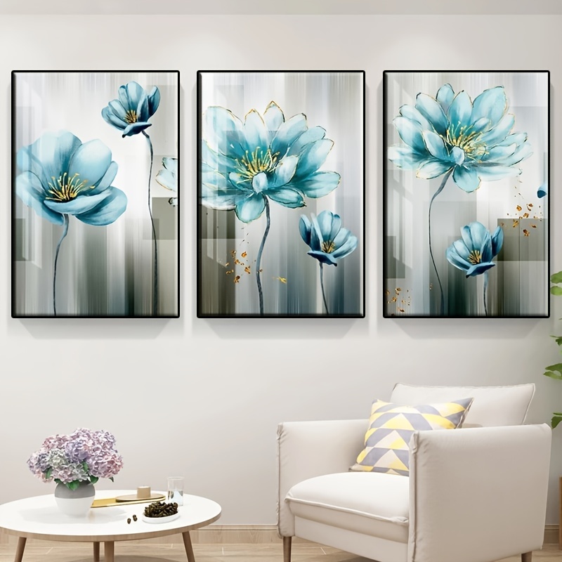 Abstract Canvas Wall Art Painting Golden Blue Flower Poster - Temu