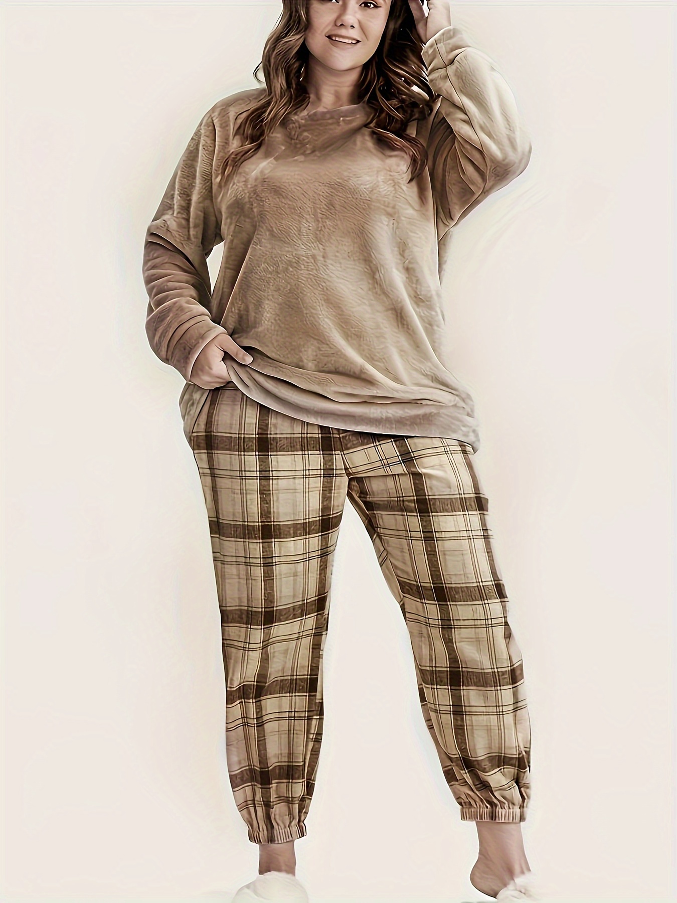 Women's Casual Lounge Pants Plus Size Plaid Print Elastic - Temu Canada