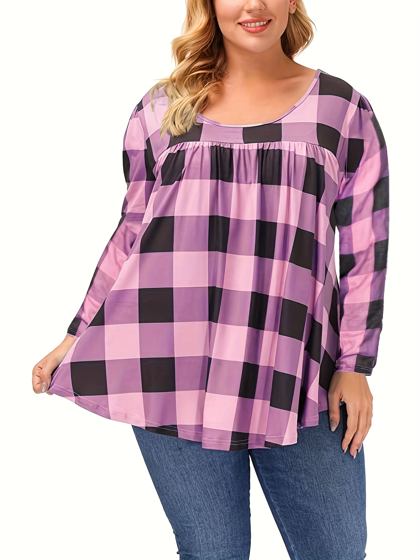 Plus Size Casual T shirt Women's Plus Gingham Print Long - Temu Canada