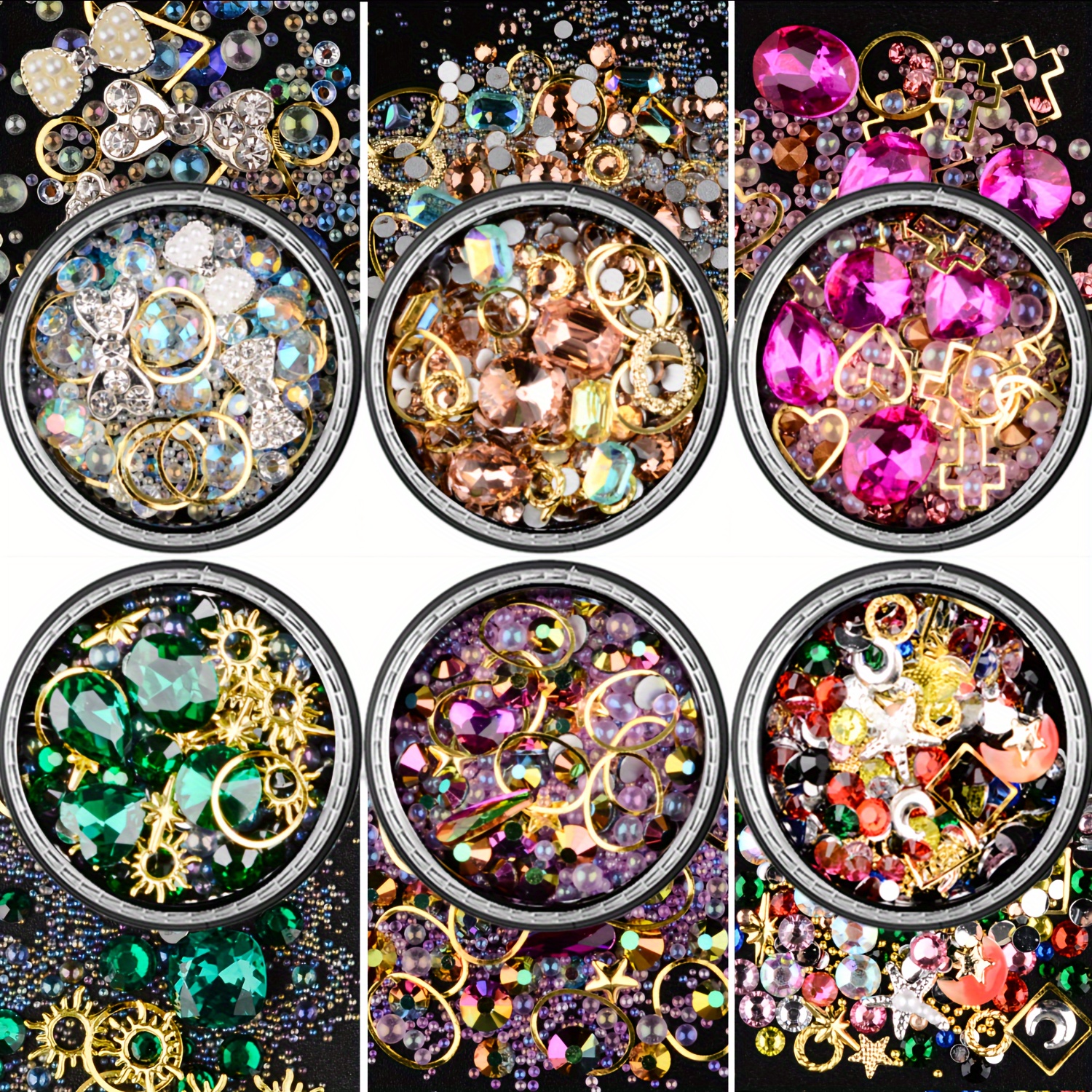 

6 Boxes Mixed Sparkle Nail Art Rhinestones, Crystals Micro Caviar Beads Golden Silver Nail Studs Gems Metal Hollow Rivets Charms