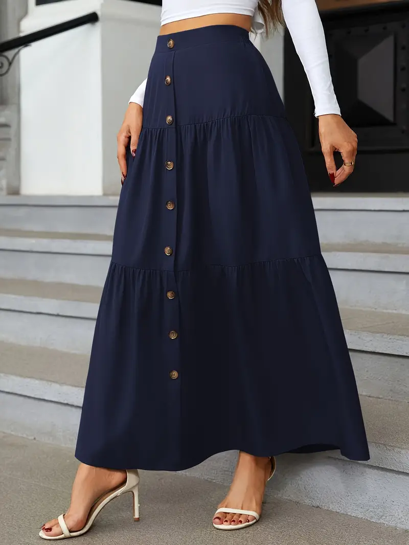 high waist tiered skirts casual solid button front maxi skirts womens clothing details 7