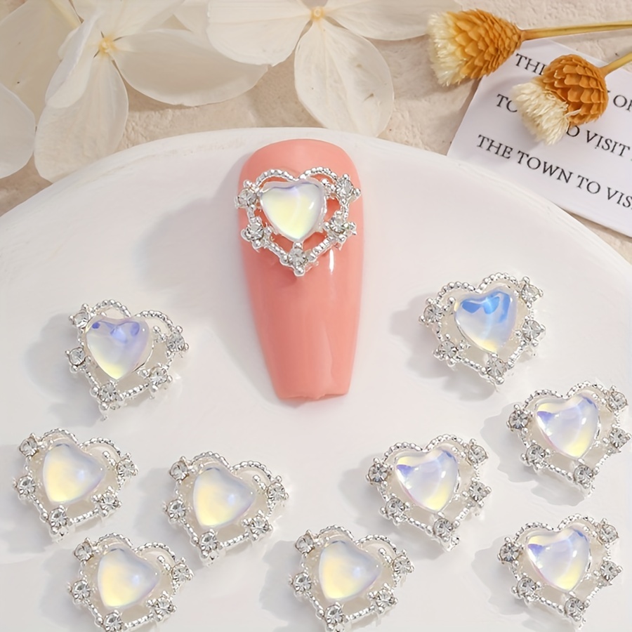 10pcs Aurora Peach Heart Nail Charms + Rhinestones Nail Gem Accessories