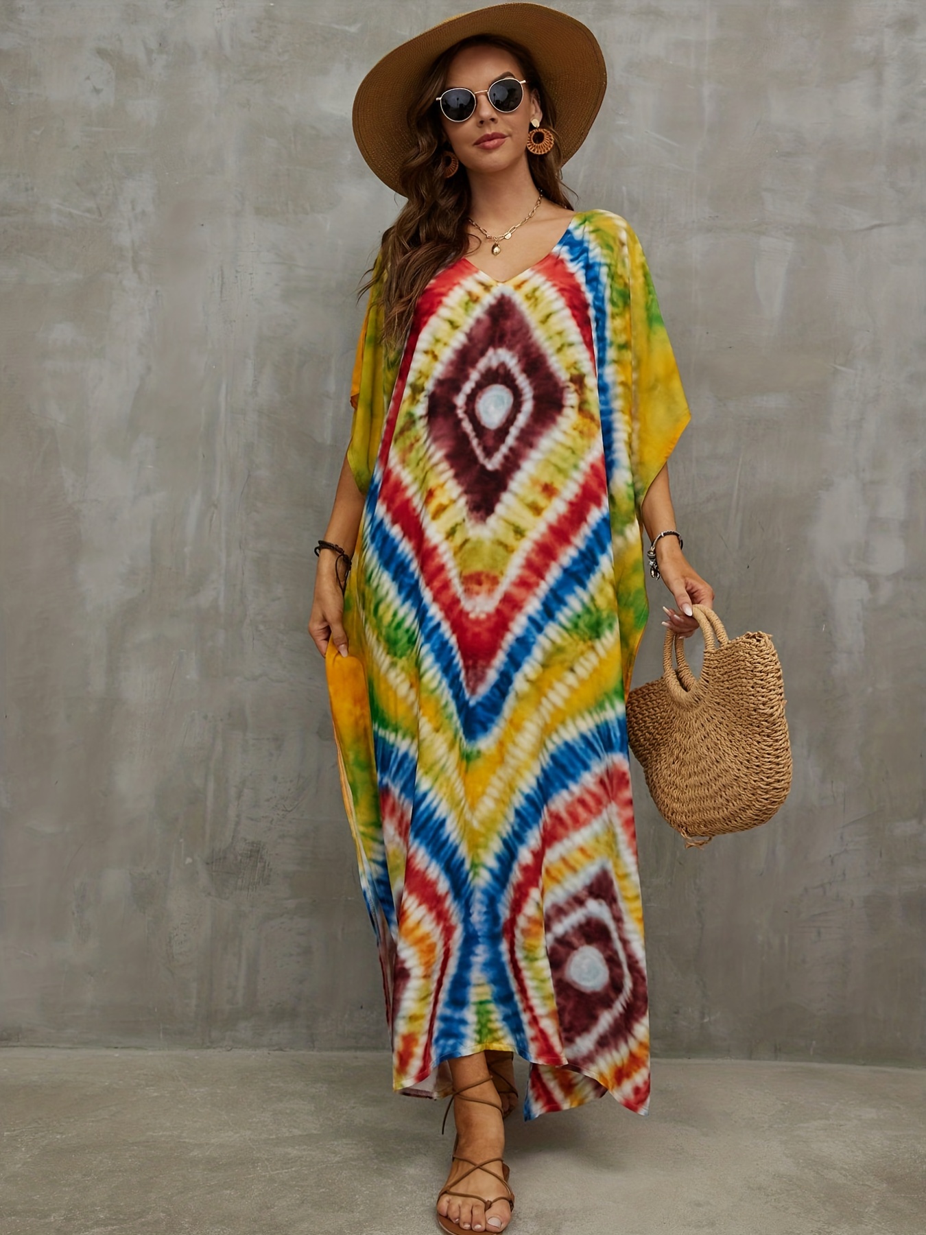 Plus Size Women's Boho Ombre Tie Dye Geo Print V Neck Flowy Cover Up Kaftan Dress