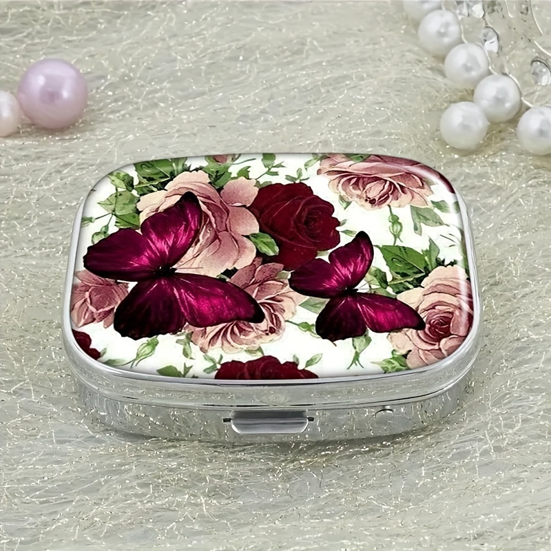 

1pc Rose Butterflies Pill Case Pill Box, Pocket 2 Compartment Medicine Case, Rectangle Decorative Box, Vitamin Pill Organizer, For Pocket Purse And Travel Gifts