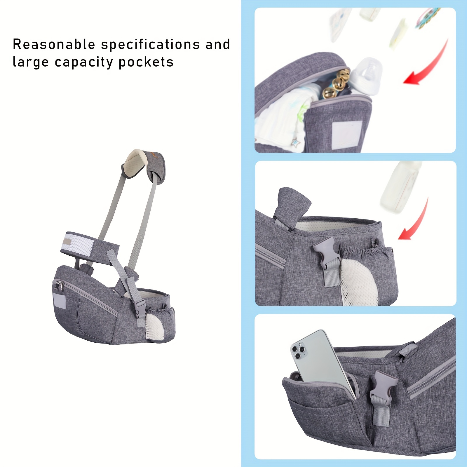 1pc Ergonomic Grey Polyester Baby Carrier with Adjustable Shoulder Strap, Waist Belt, And Storage Pockets - Safety-Certified Hip Seat for Infants And Toddlers, 9Kg-18Kg, Forward-Fixation Design details 3