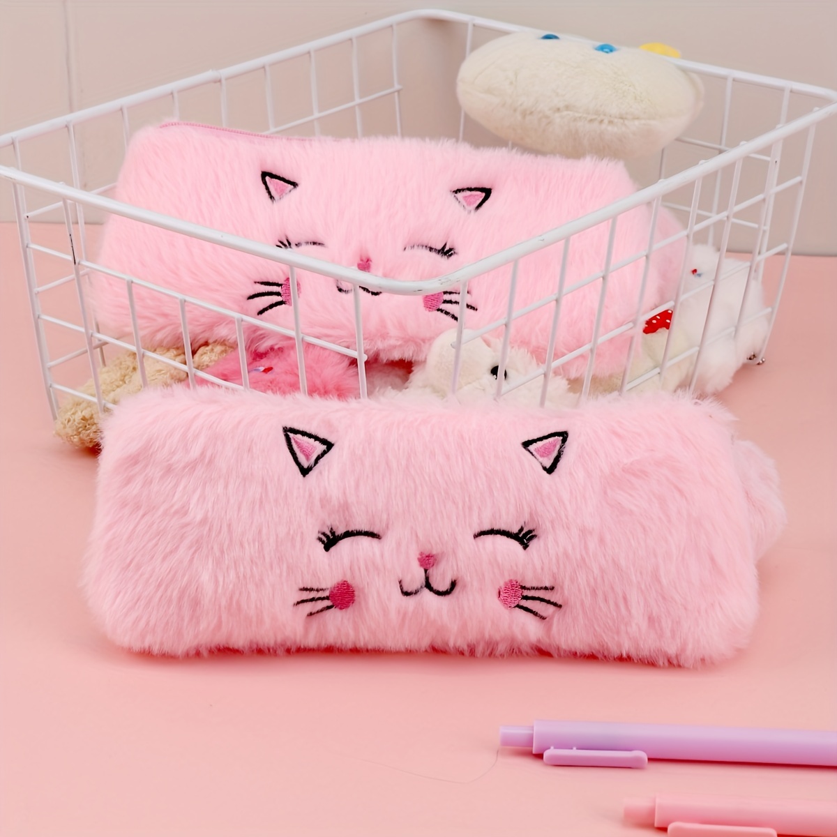 New Pink Pencil Pouch with Cat and Bird