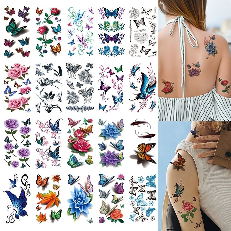 20pcs Set Small Little Temporary Tattoo Sticker For Women Flower Floral  Butterfly Alphabet Letter Words Stripe