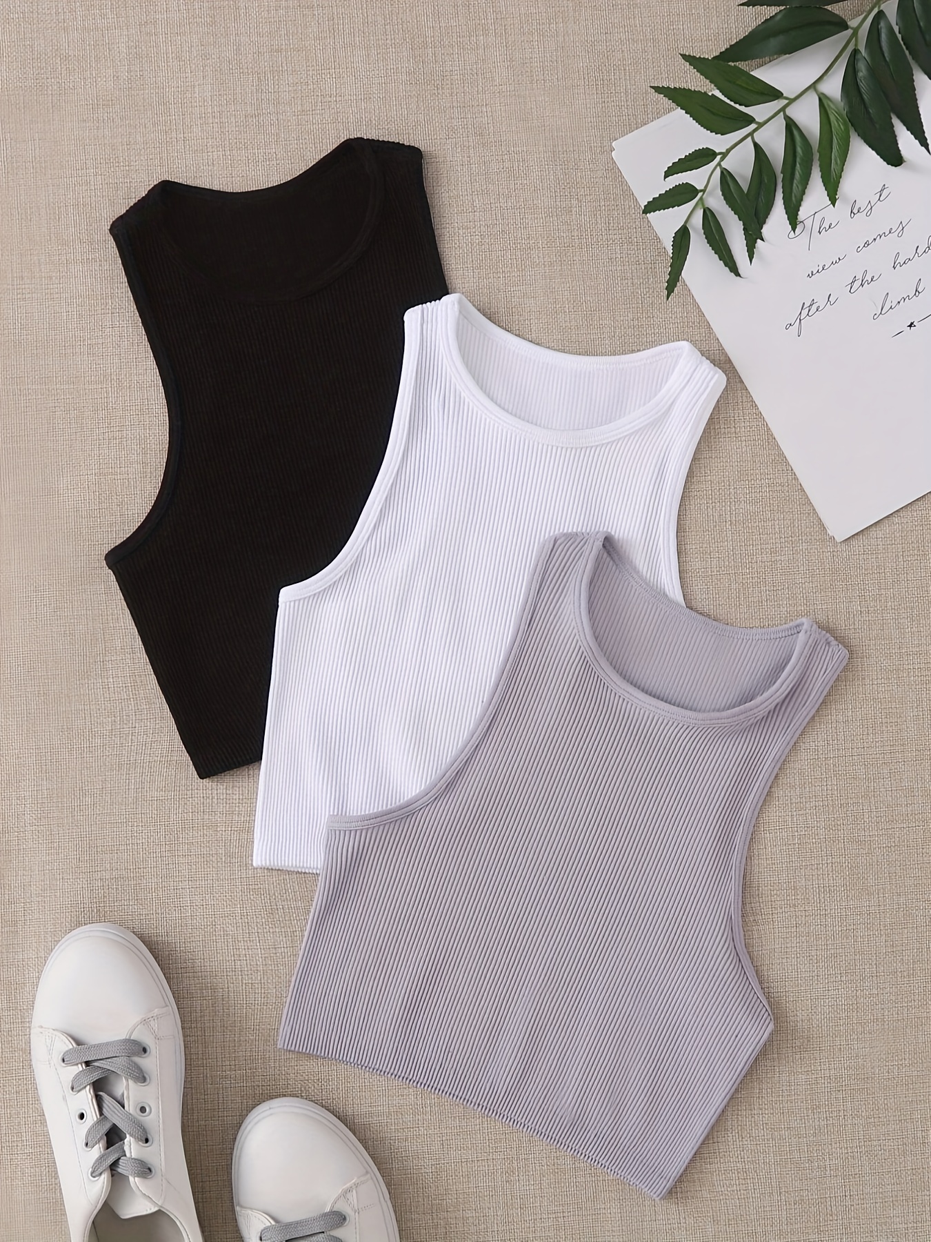 Solid Color Ribbed Crop Sports Tank Top Casual Basic High - Temu