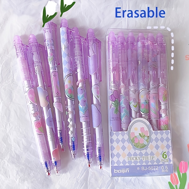 6pcs Purple Tulip Erasable Gel Pens Gel Pens With Erasers Korean Stationery  Students Girl Gift School Office Supplies