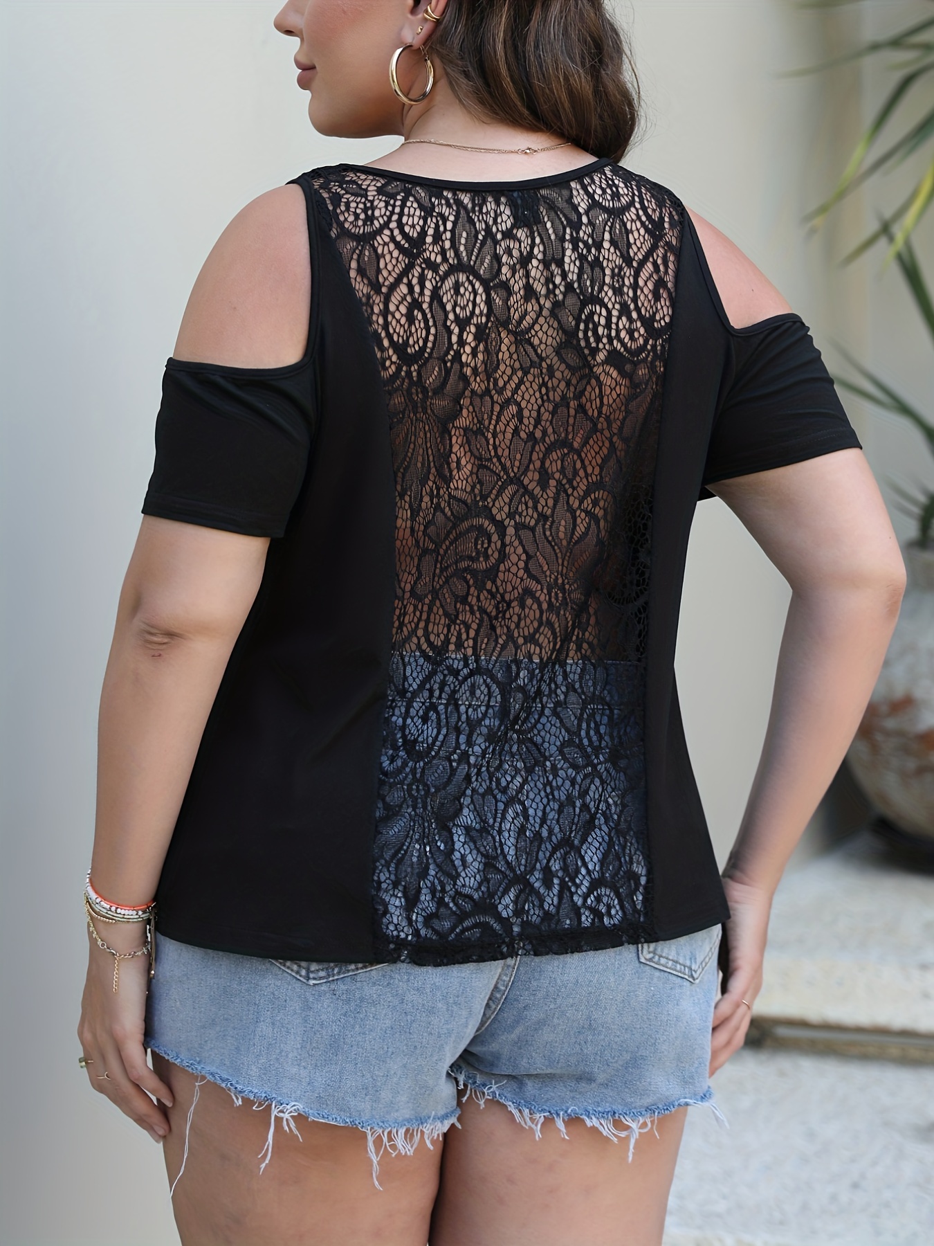 Plus Size Casual T shirt Women's Plus Contrast Lace Trim - Temu