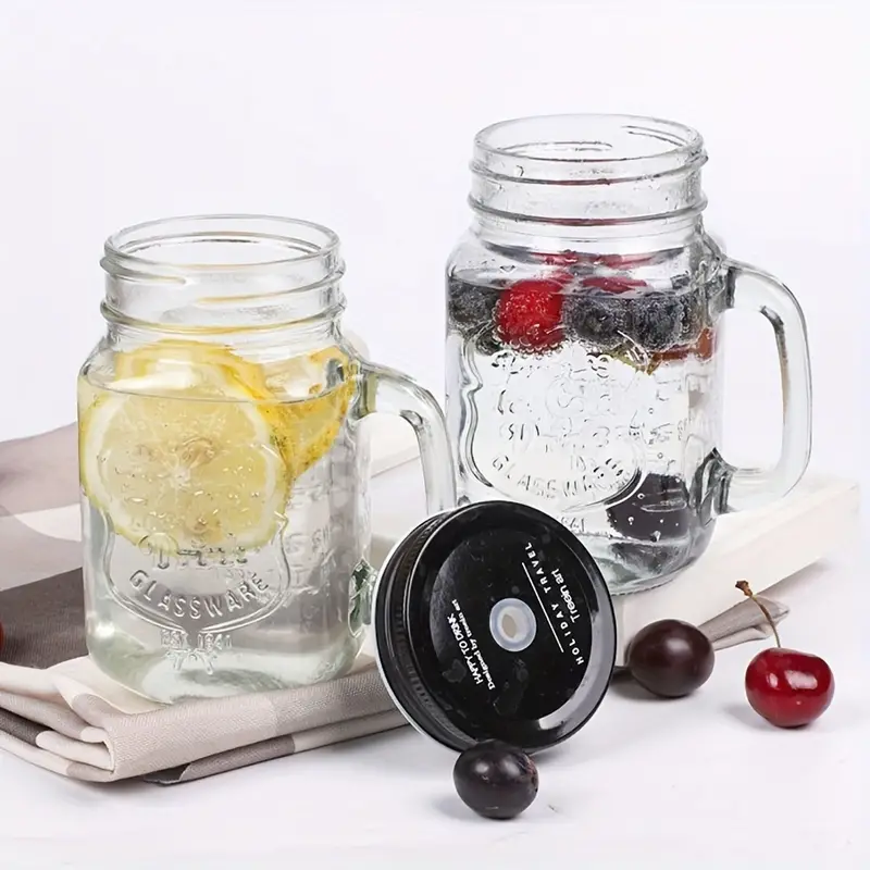 Glass Mason Jar With Handles, Lid And Straw Mason Jars Drinking
