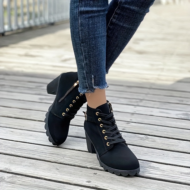 Women's Chunky Heeled Booties, Solid Color Lace Up & Side Zipper High  Heels, All-Match Ankle Boots
