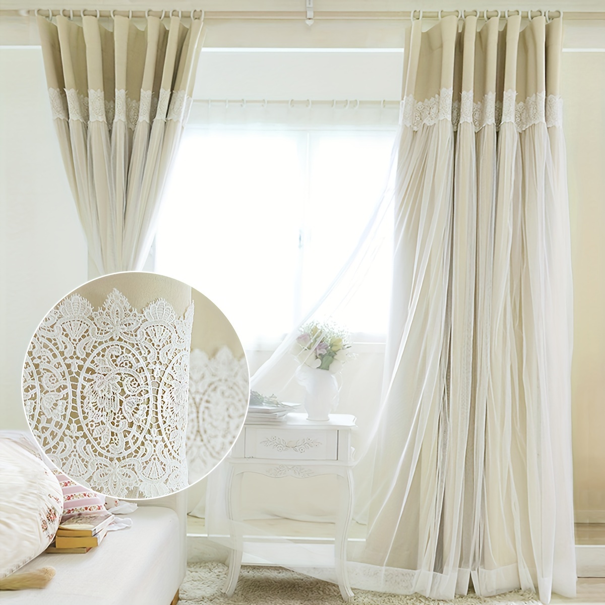 Cortina de ventana de doble capa, cortina transparente de encaje blanco y  cortina opaca para sala de estar, dormitorio, cortina de ahorro de energía
