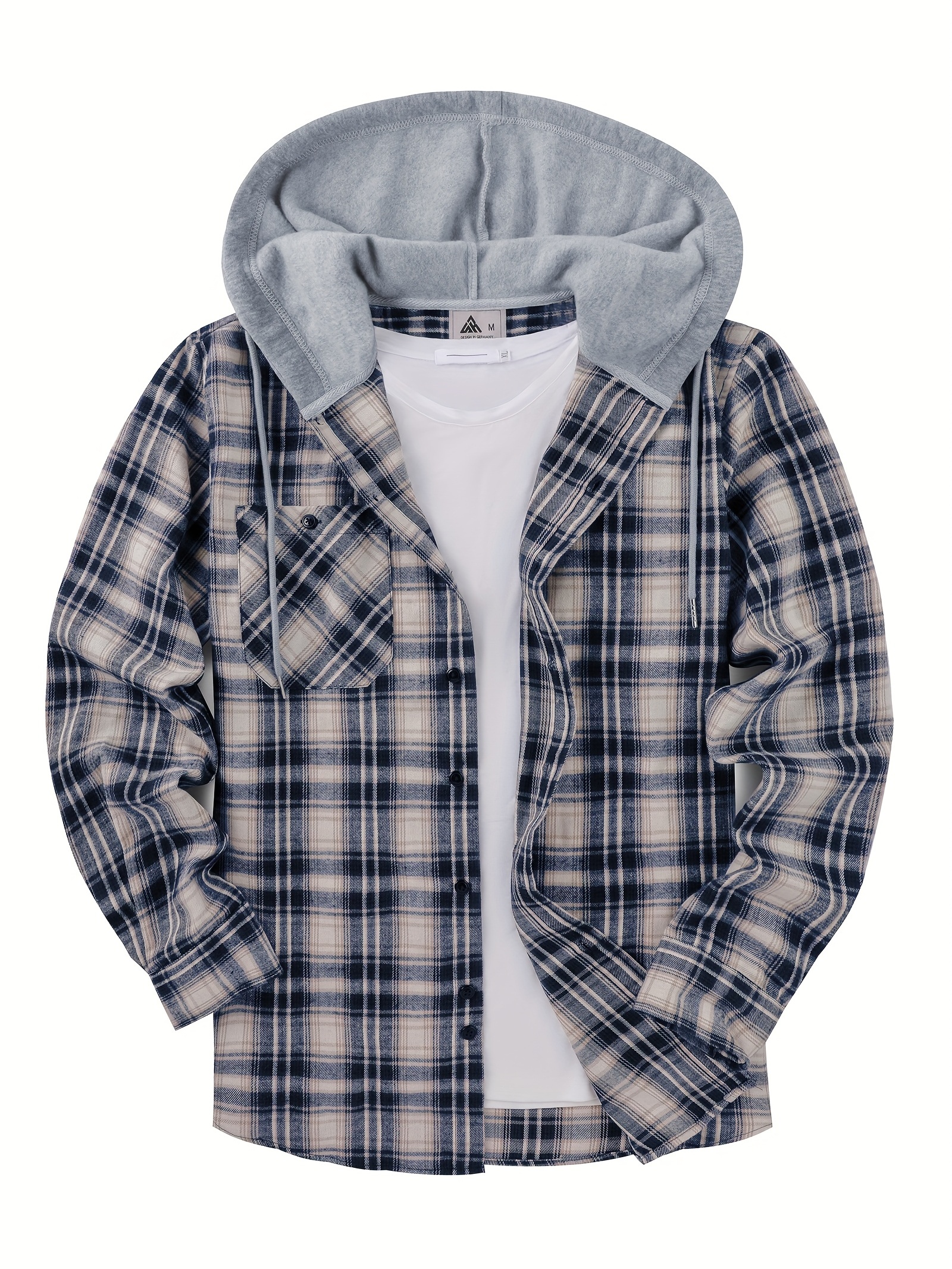 Plaid Shirt Coat for Men Long Sleeve Casual Regular Fit Button Up Hooded Shirts Jacket,L,$23.89,Sea Blue,Temu