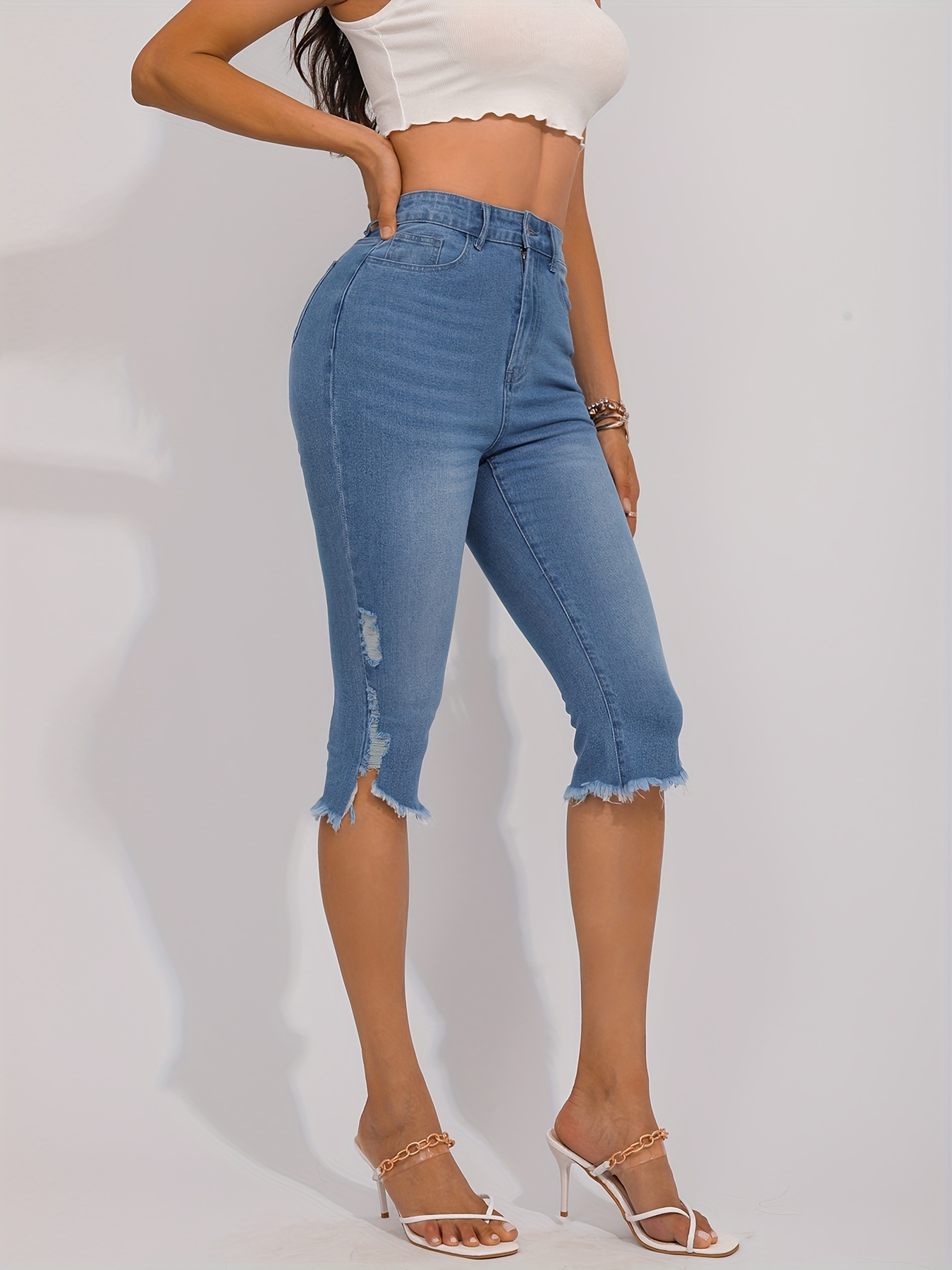 Blue Slim Fit Cropped Jeans Slash Pockets stretch Capris - Temu Germany
