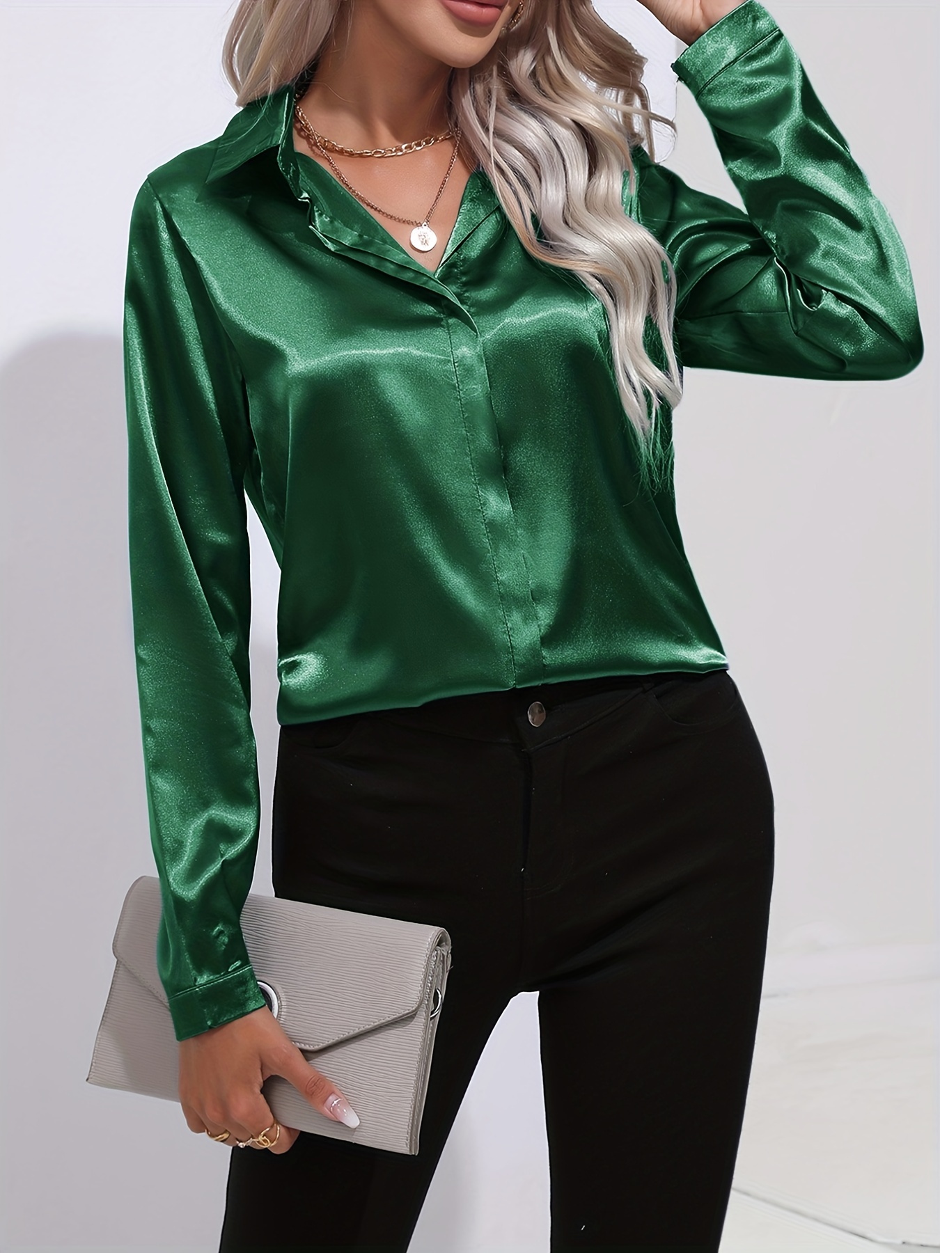 Notch Collar Satin Blouse for Tall Women