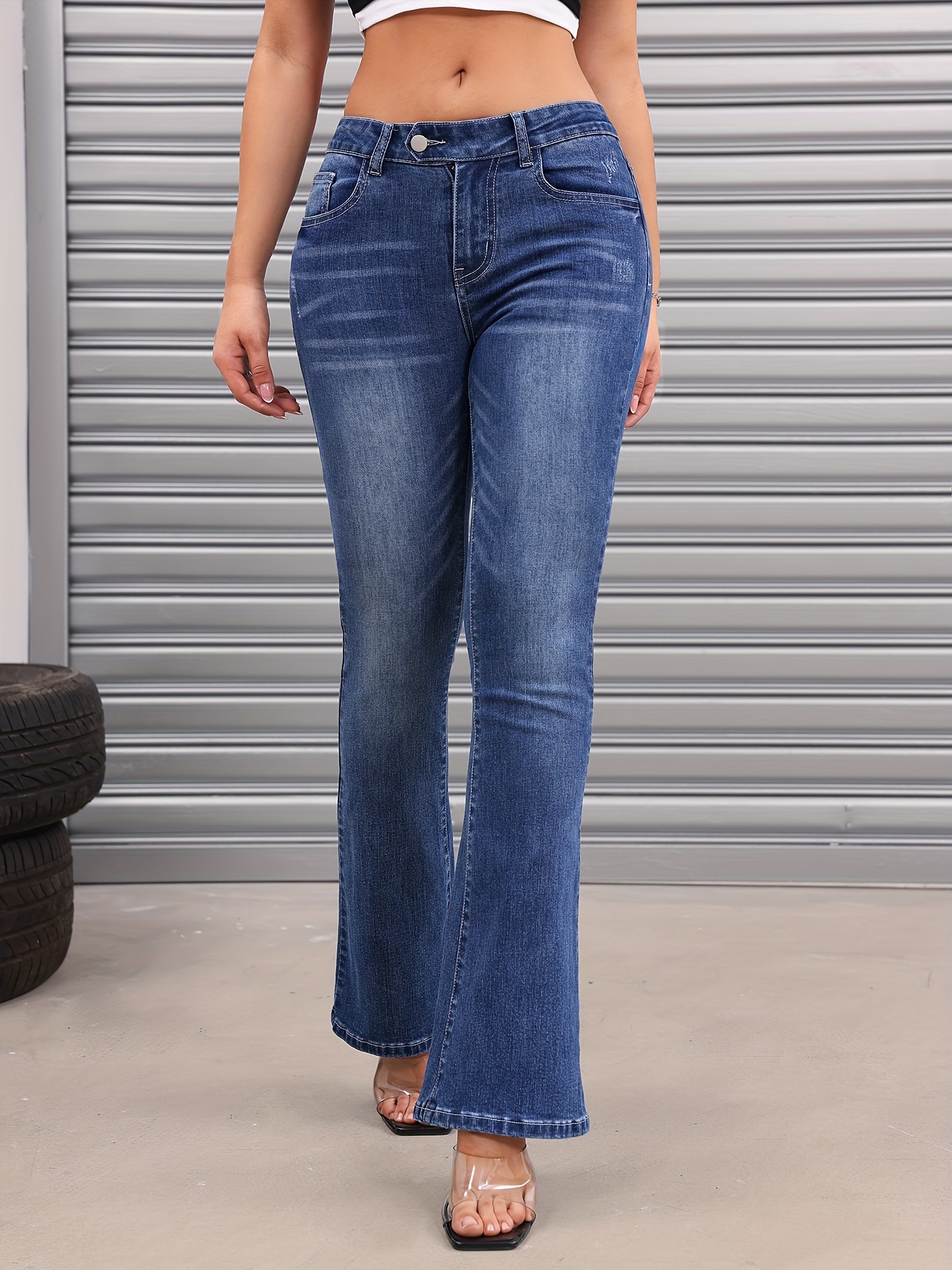 High Stretch Casual Bootcut Jeans, Slant Pockets Versatile Denim Pants,  Women's Denim Jeans & Clothing