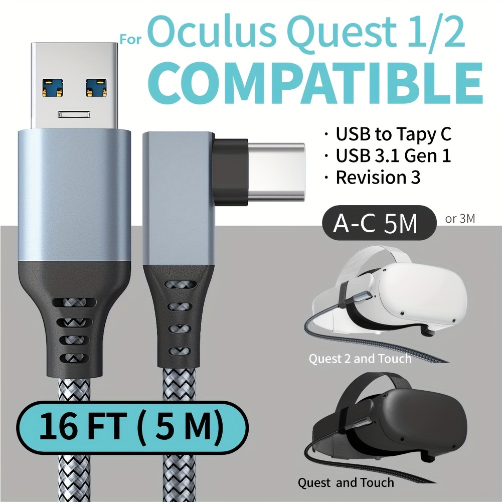 Meta Quest Link Cable - Virtual Reality Headset Cable for Quest - 16FT (5M)  - PC VR