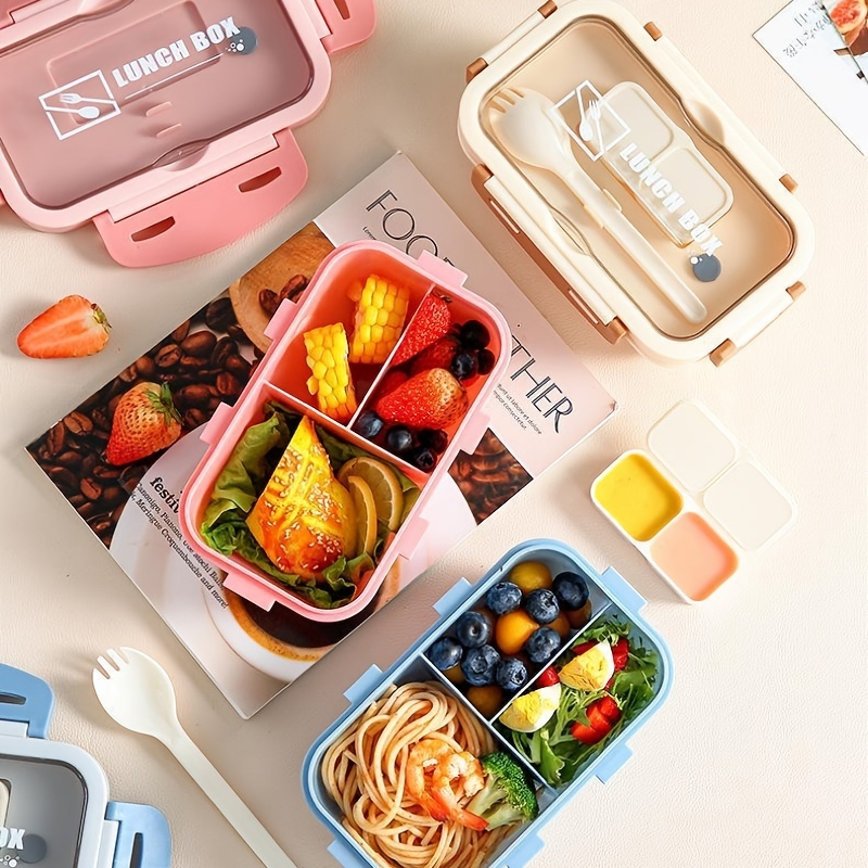 Large Capacity Lunch Box With Tableware and Grids Double Snap Rectangle Divided