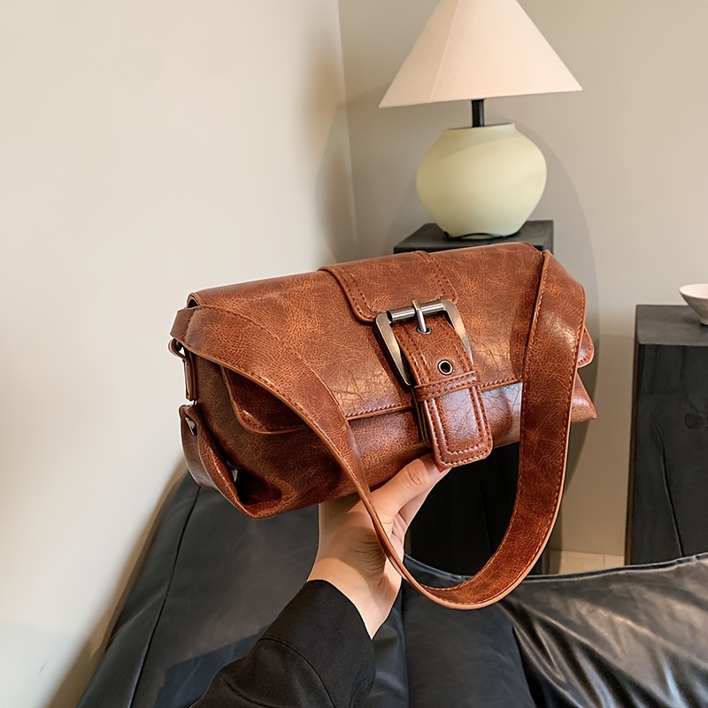 Vintage Buckle Shoulder Bag, Y2k Pu Leather Handbag, Women's