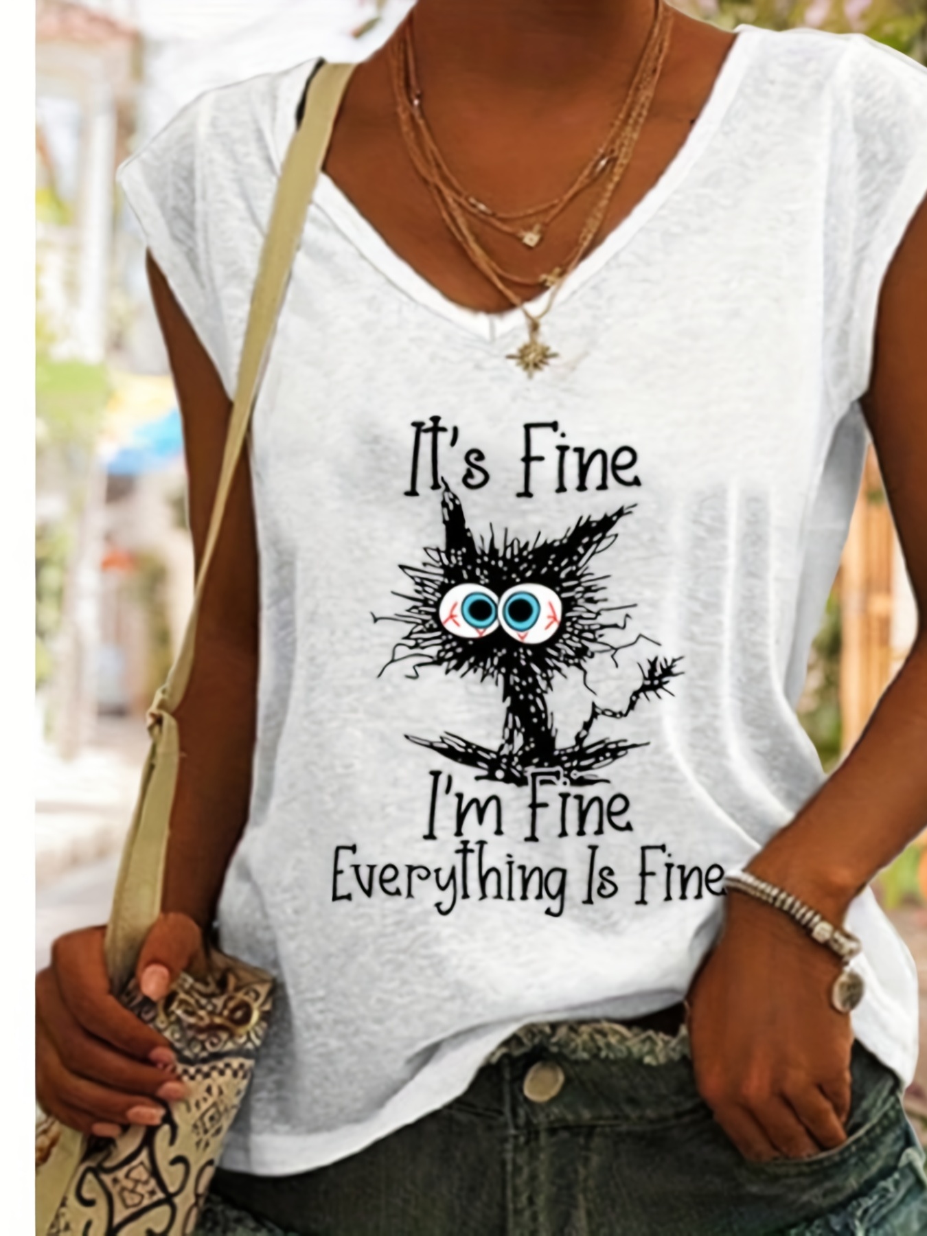 prangende social Topmøde It's Fine. I Am Fine. Everthing Is Fine" Letter Print T-shirts, Crew Neck  Short Sleeve Cat Graphic Tee, Women's Summer Tops - Temu New Zealand
