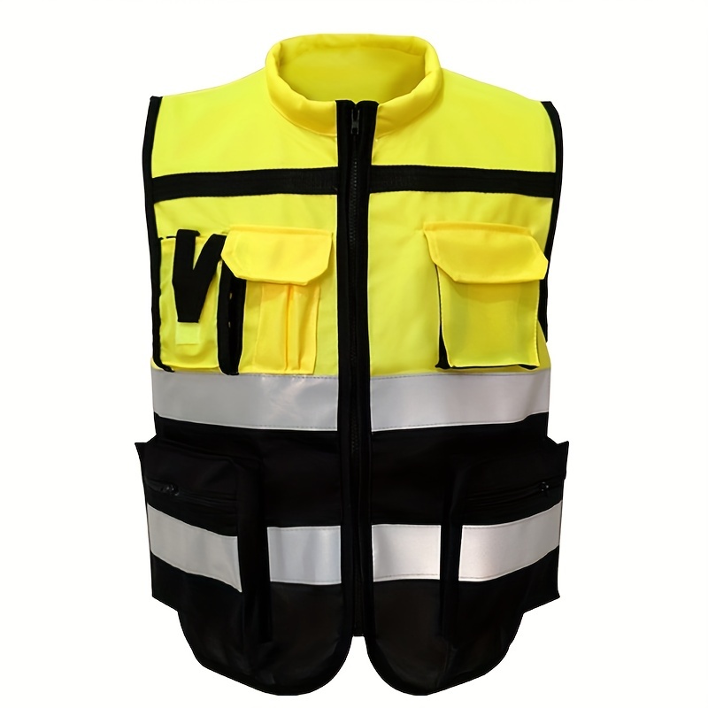 (Yellow Black, Asian Size L) Reflective High Visibility Warning Safety Vest - Fluorescent Clothing
