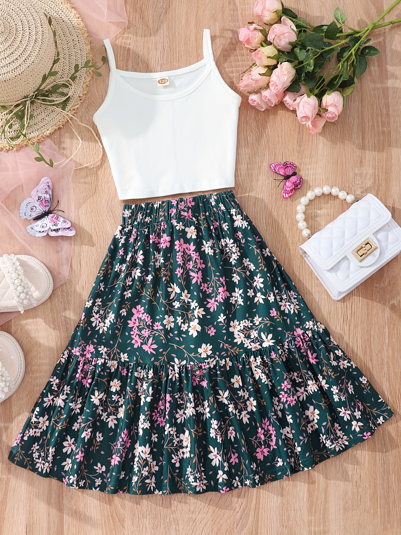 Girls Crop Cami Tops Flowers Graphic Ruffled Hem Skirt Set - Temu