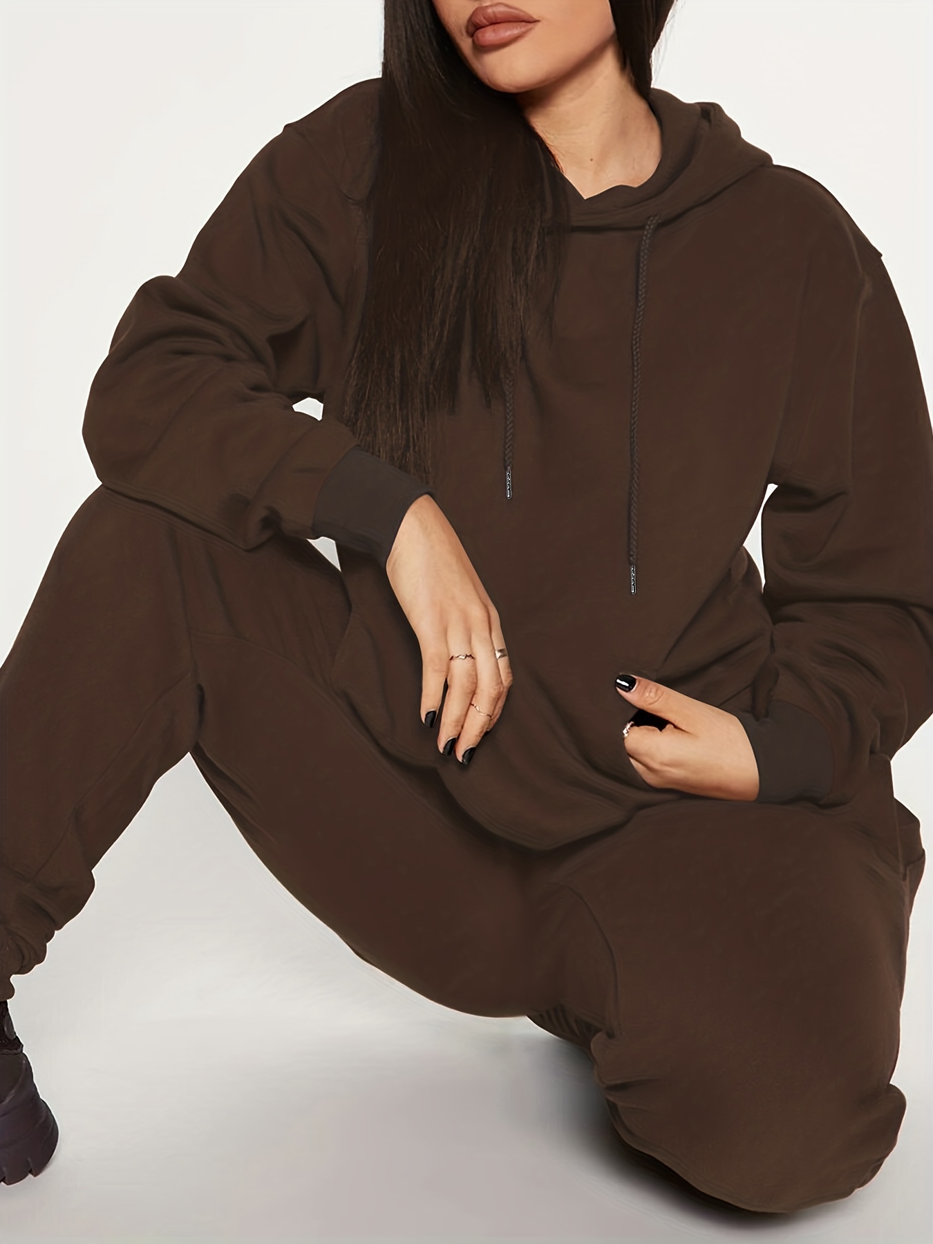 Casual Solid Two piece Set Kangaroo Pocket Hoodie Drawstring - Temu