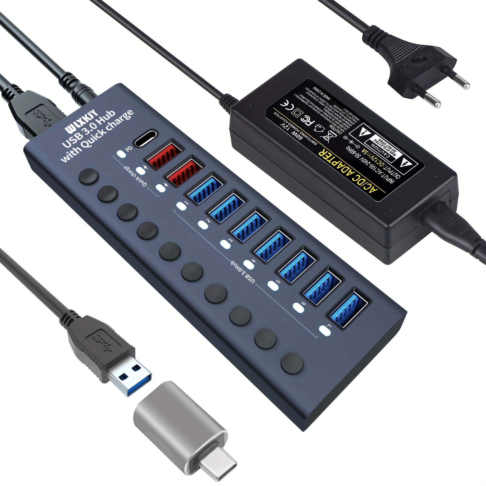 Hub USB Alimenté， Aluminium USB Hub 3.0 à 7 Ports Multiprise USB