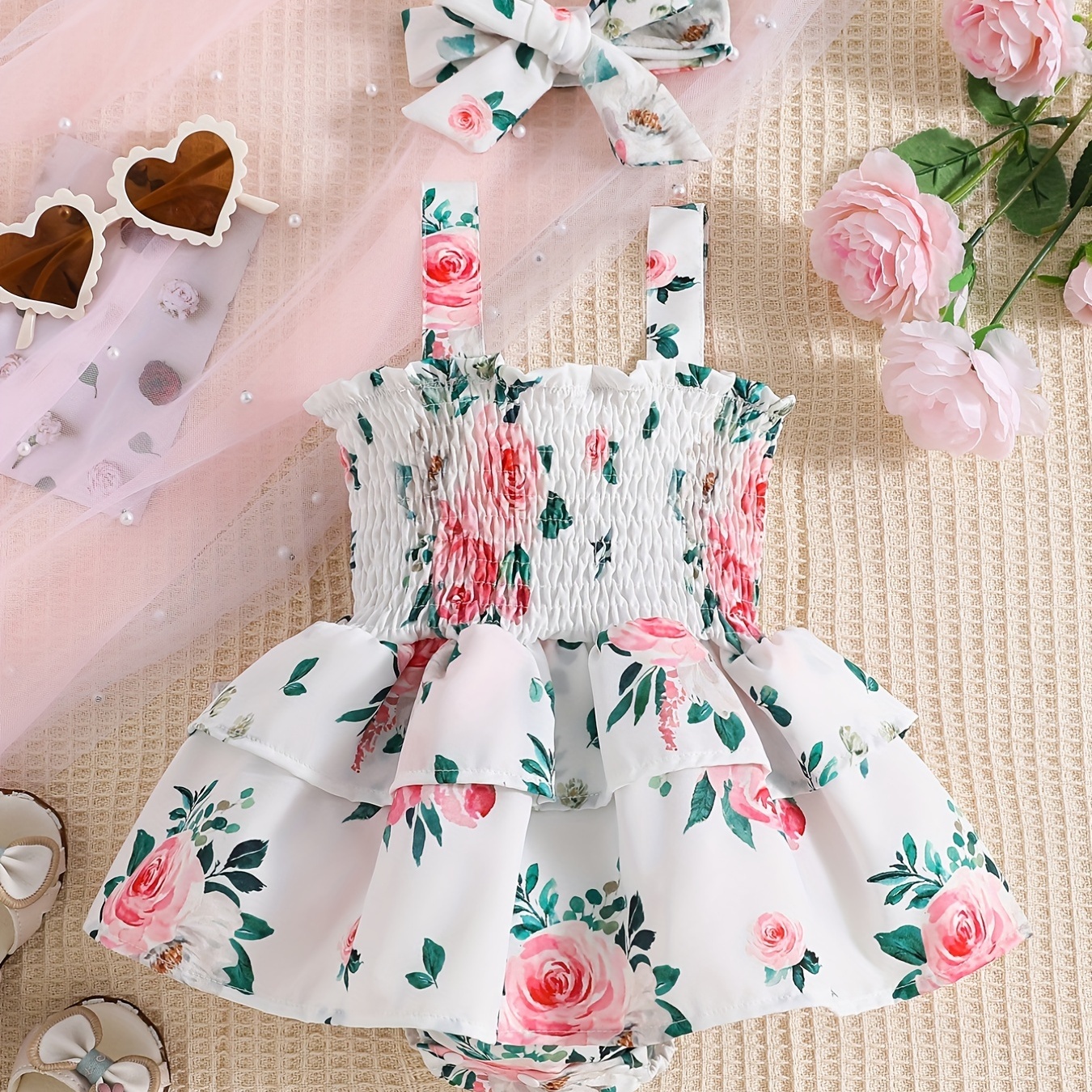 

Baby Girls Cute Floral Graphic Print Sleeveless Thin Strap Onesie Dress & Headband Set Clothes