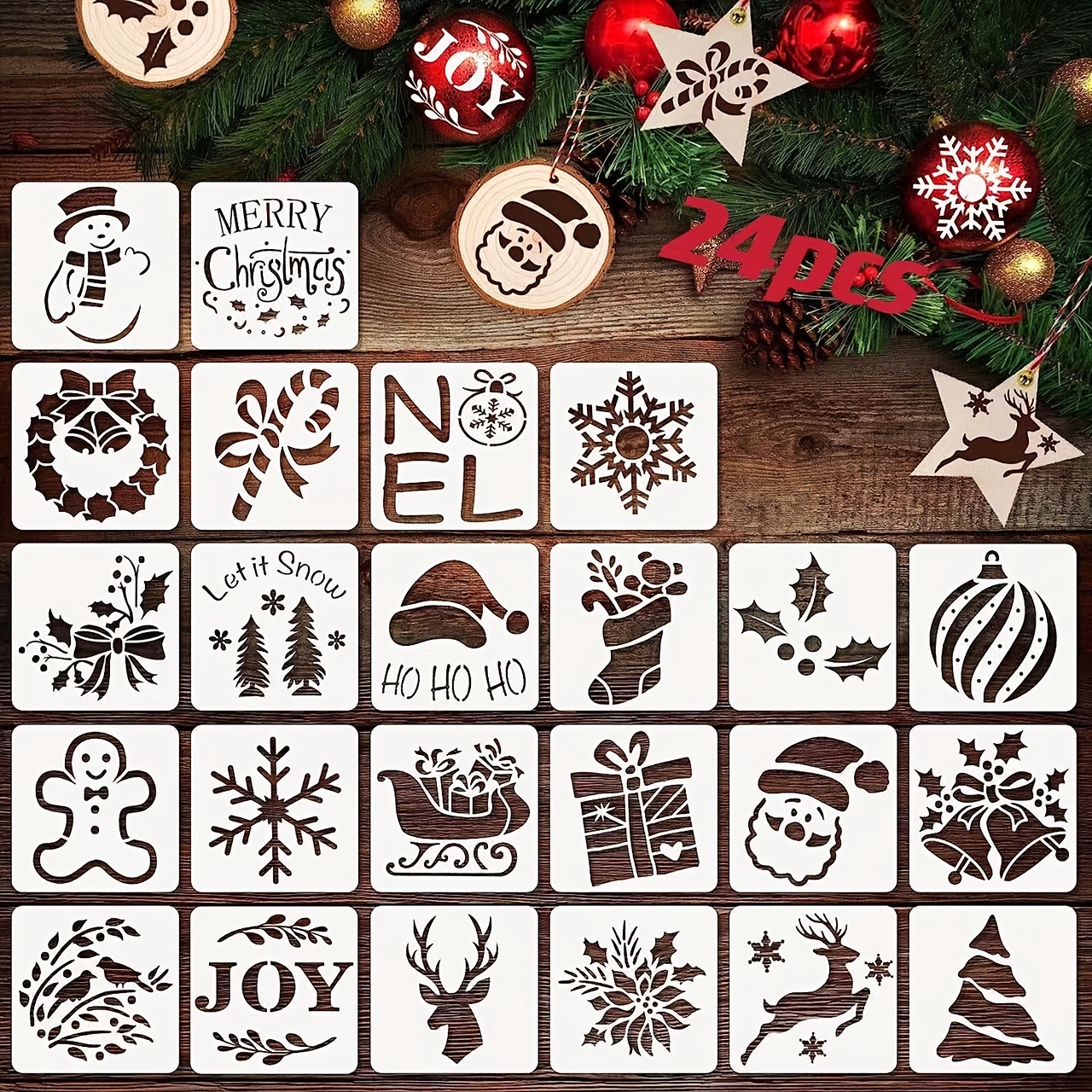  Small Christmas Stencils for Painting on Wood Reusable Round  Small Holiday Merry Christmas Stencils Xmas Ornaments Stencil for Wood  Slice Cards Scrapbook Journal Cookie Glass (12pcs Words 4in Round) 