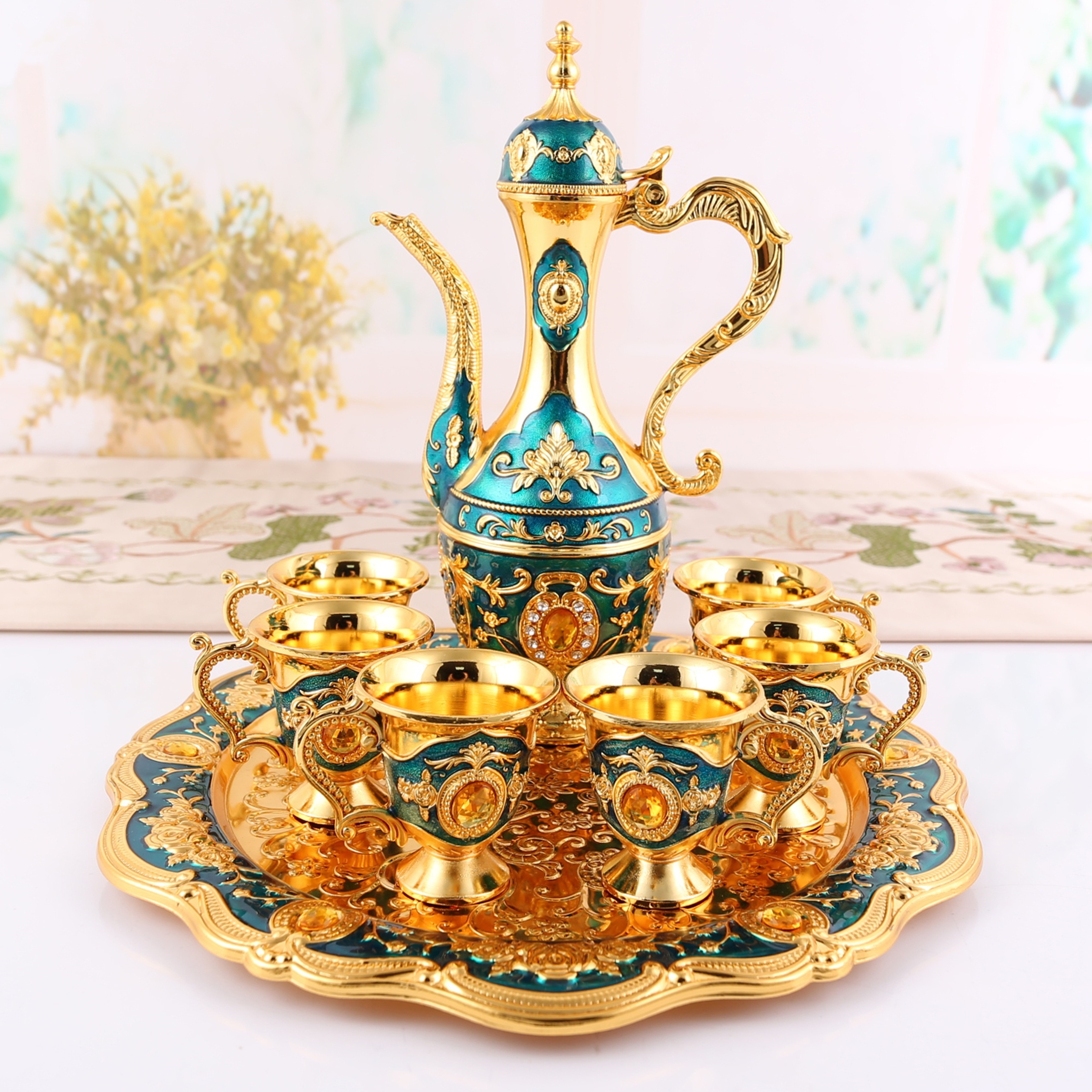 de cafetera turca vintage, tazas y bandeja de té artesanal Decoraciones de  insertadas té de piedras , Azul 25x31cm BLESIY Copa de vino