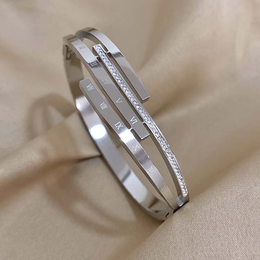 Image of 1pc Fashion Stainless Steel Rhinestone Roman Irregular Bangles Bracelets Waterproof Jewelry Gifts