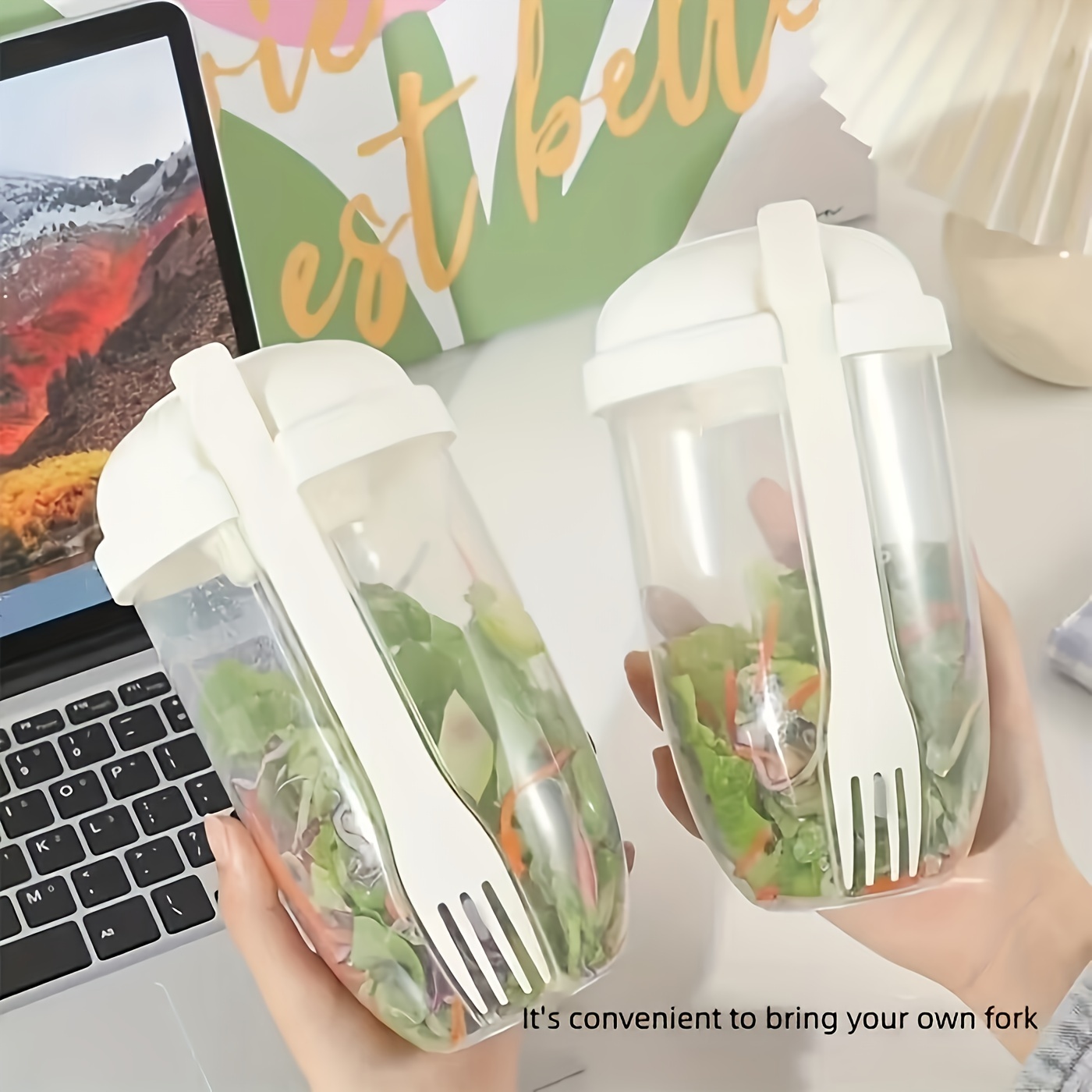 1pc, Salad Cup, Salad Meal Shaker Cup, Plastic Healthy Salad Container  Fork, Salad Dressing Holder, Salad Cup For Picnic Lunch Breakfast, Kitchen  Stuff, Kitchen Gadgets, Back To School Supplies 1000ml/33.8oz