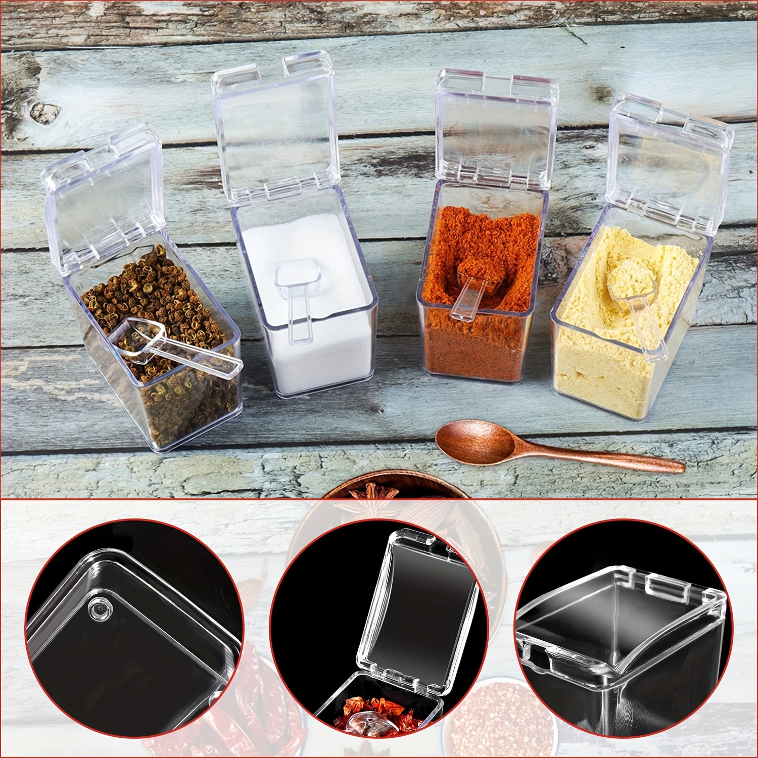 1 Set Clear Seasoning Box Set 4pcs Clear Seasoning Storage Container With  Spoon Clear Seasoning Rack Spice Pots For Pepper Spice Salt Sugar Storage