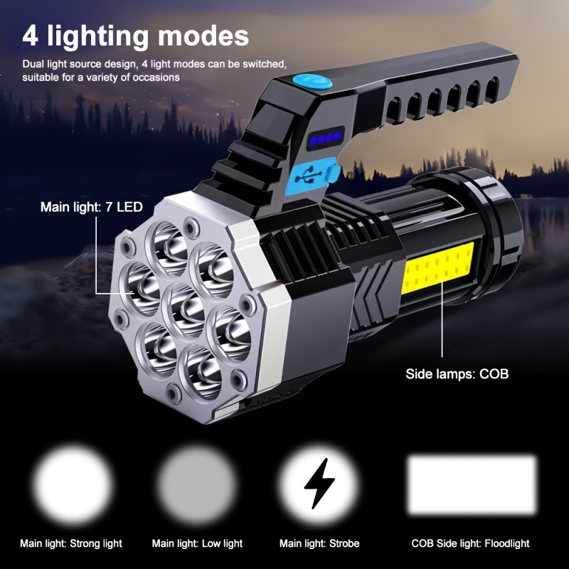 High Power LED Flashlights Camping Torch With 4 Lamp Beads And COB Side  Light Rechargeable Portable Hand Lantern 4 Lighting Mode