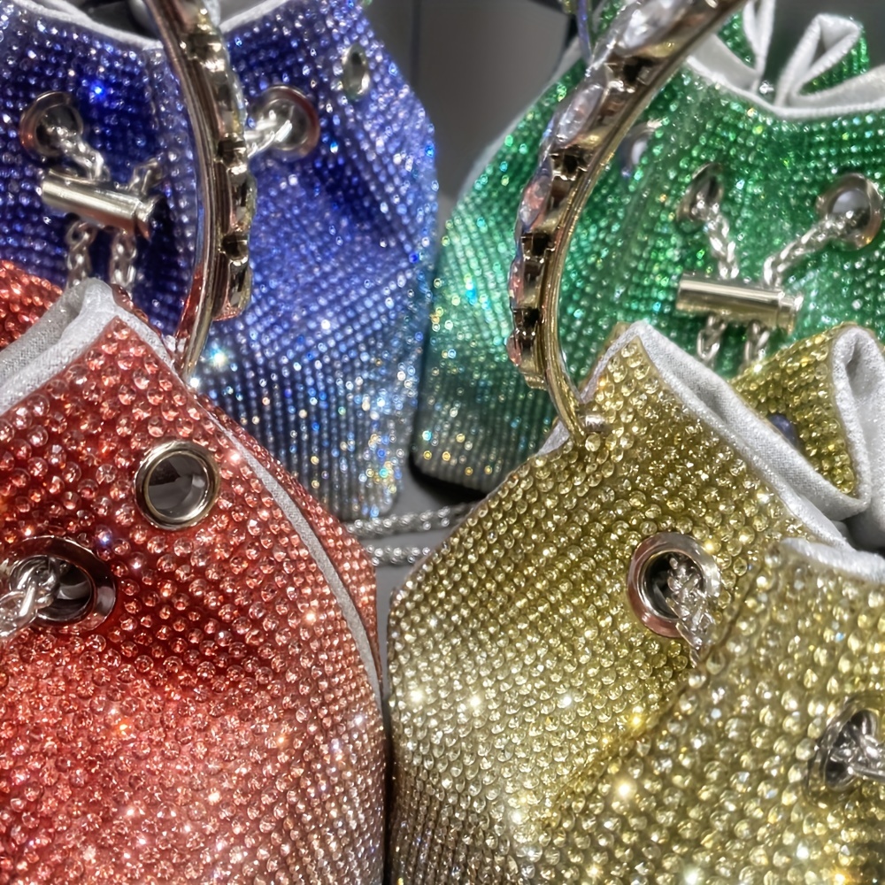 Gradient Color Allover Rhinestone Bucket Bag, Glitter Top Ring