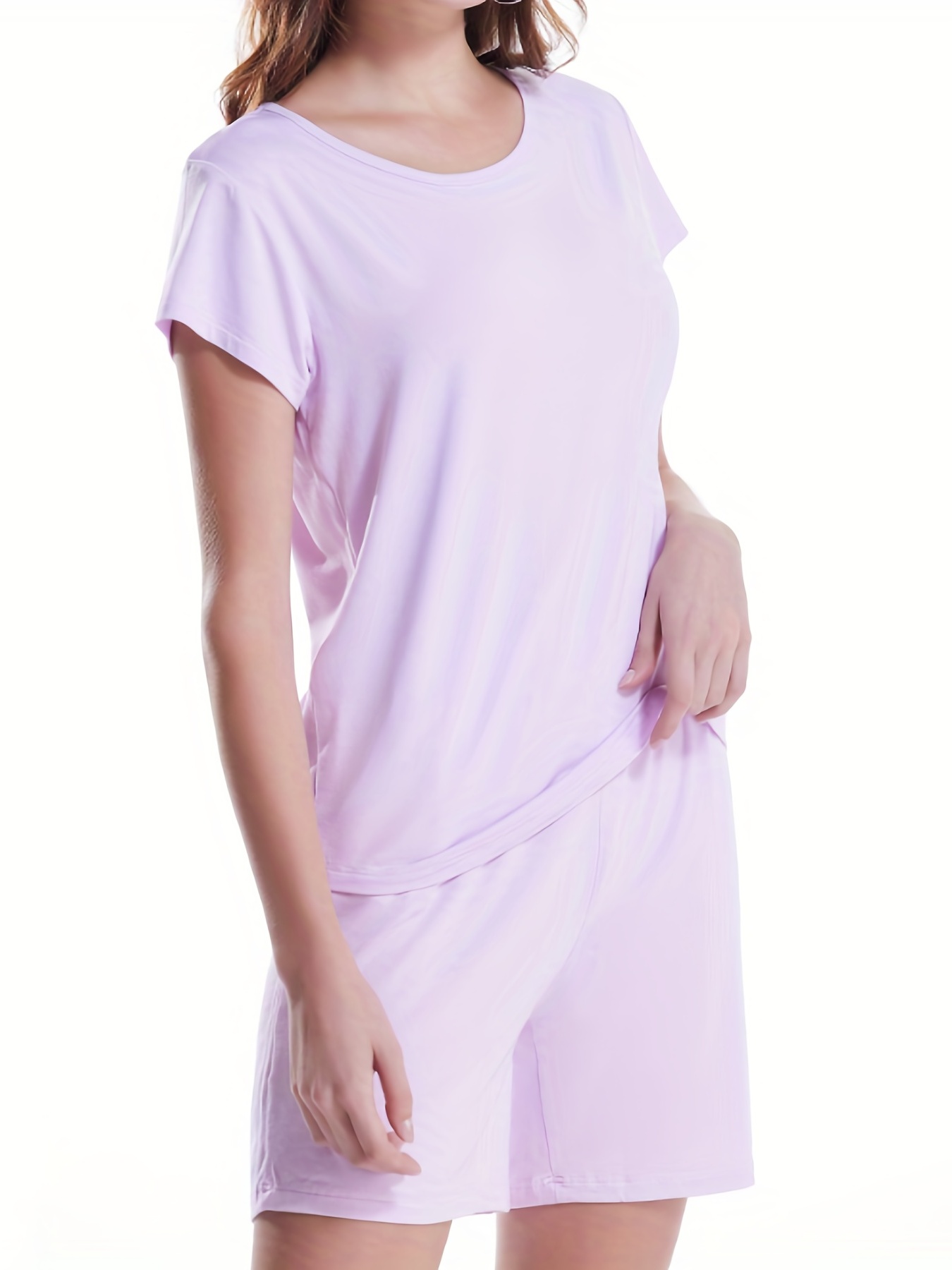 Solid Lounge Set Crew Neck Top & Lace Up Shorts Women's Loungewear