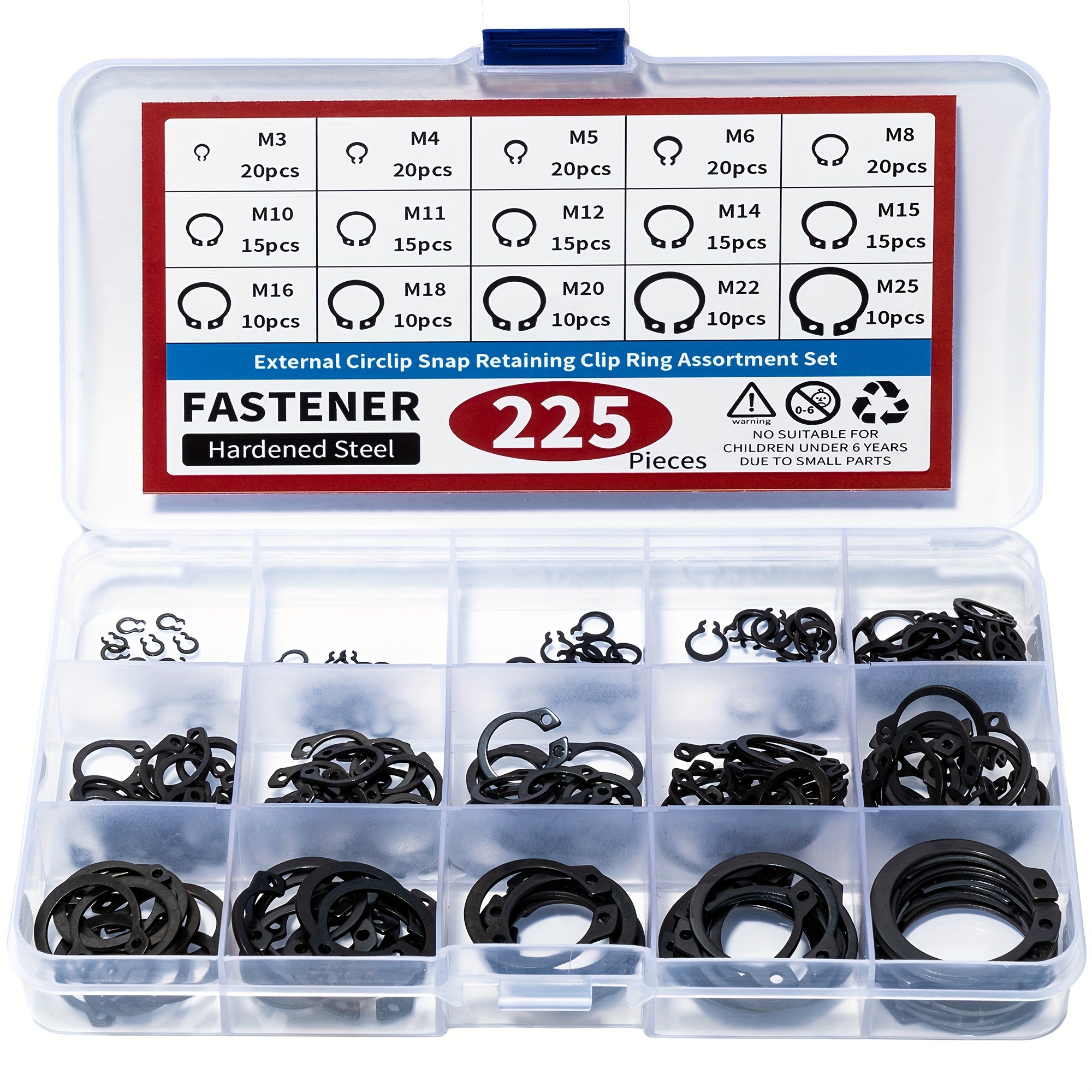 E-shop Set mit 225 externen C-Clips in 15 Größen, hergestellt aus 304 Edelstahl, geeignet für von M3 bis M25.