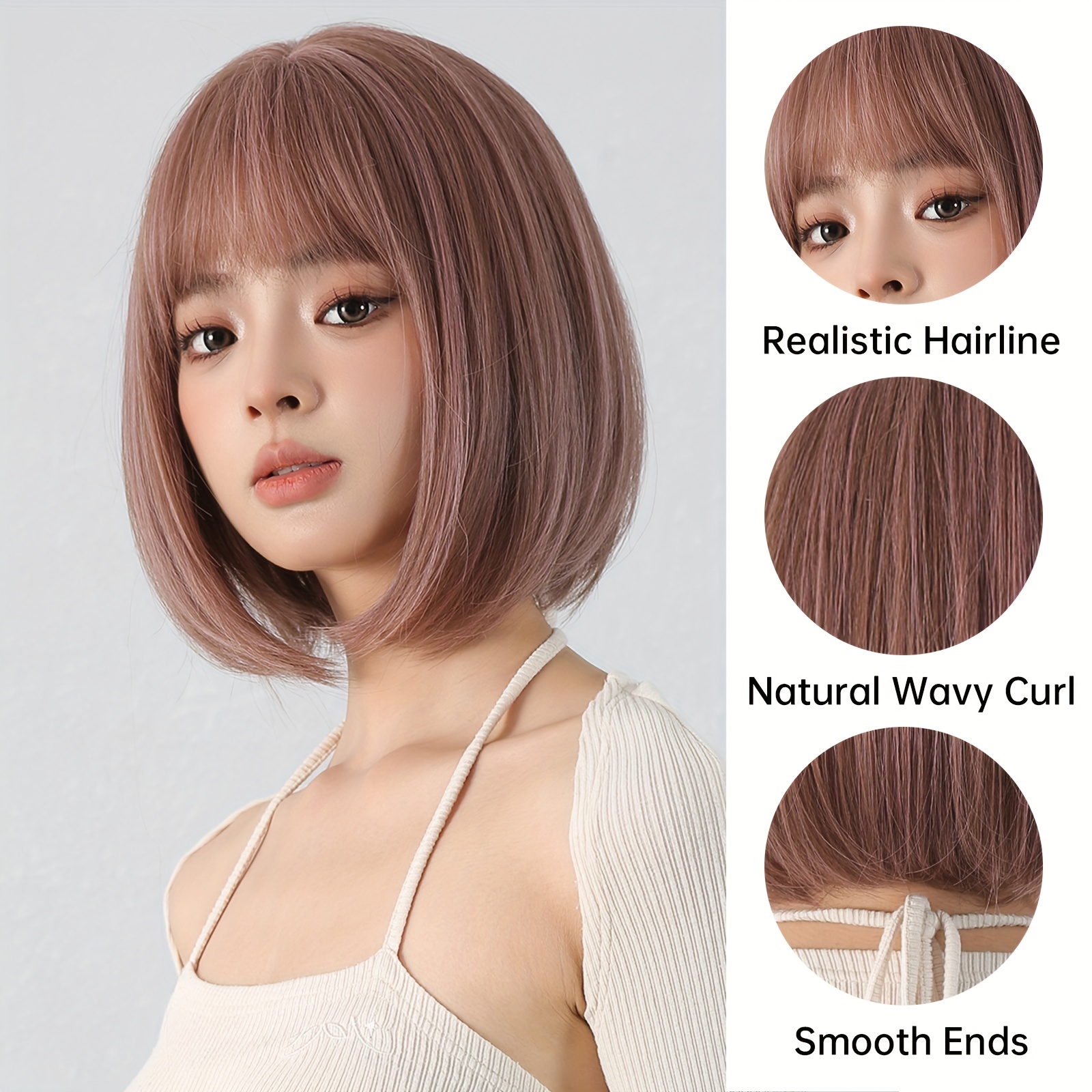 Short Straight Bob Cut Wig Bangs Synthetic Wig Beginners Temu