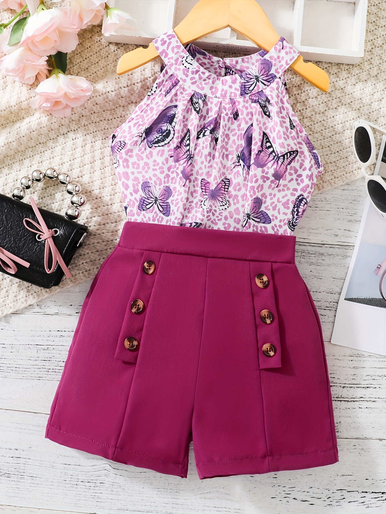 Girls' Leopard Halter Top & Button Shorts Set for Party Beach Vacation