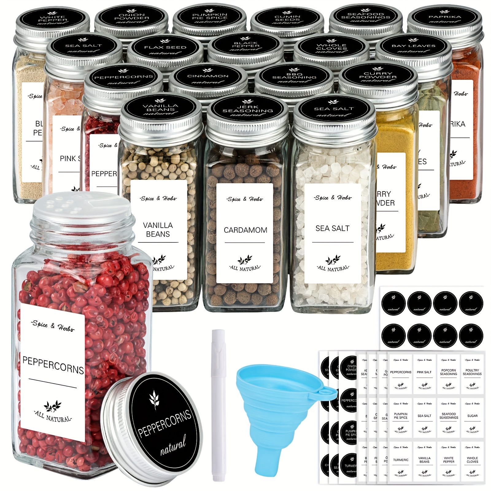 AOZITA 24 tarros de vidrio para especias con etiquetas, recipientes  cuadrados vacíos de 4 onzas, recipiente de condimentos, tapas agitadoras y  tapas