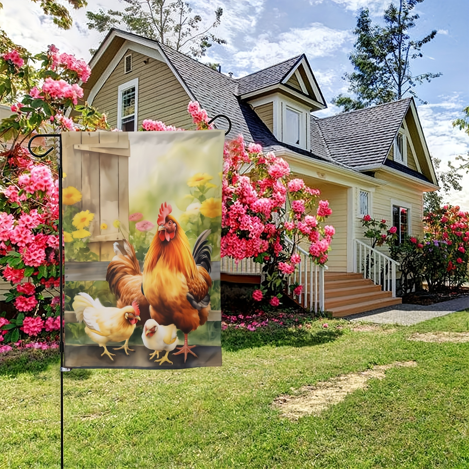 魅力的な両面ファームハウスの鶏＆雄鶏ガーデンフラッグ 耐久性