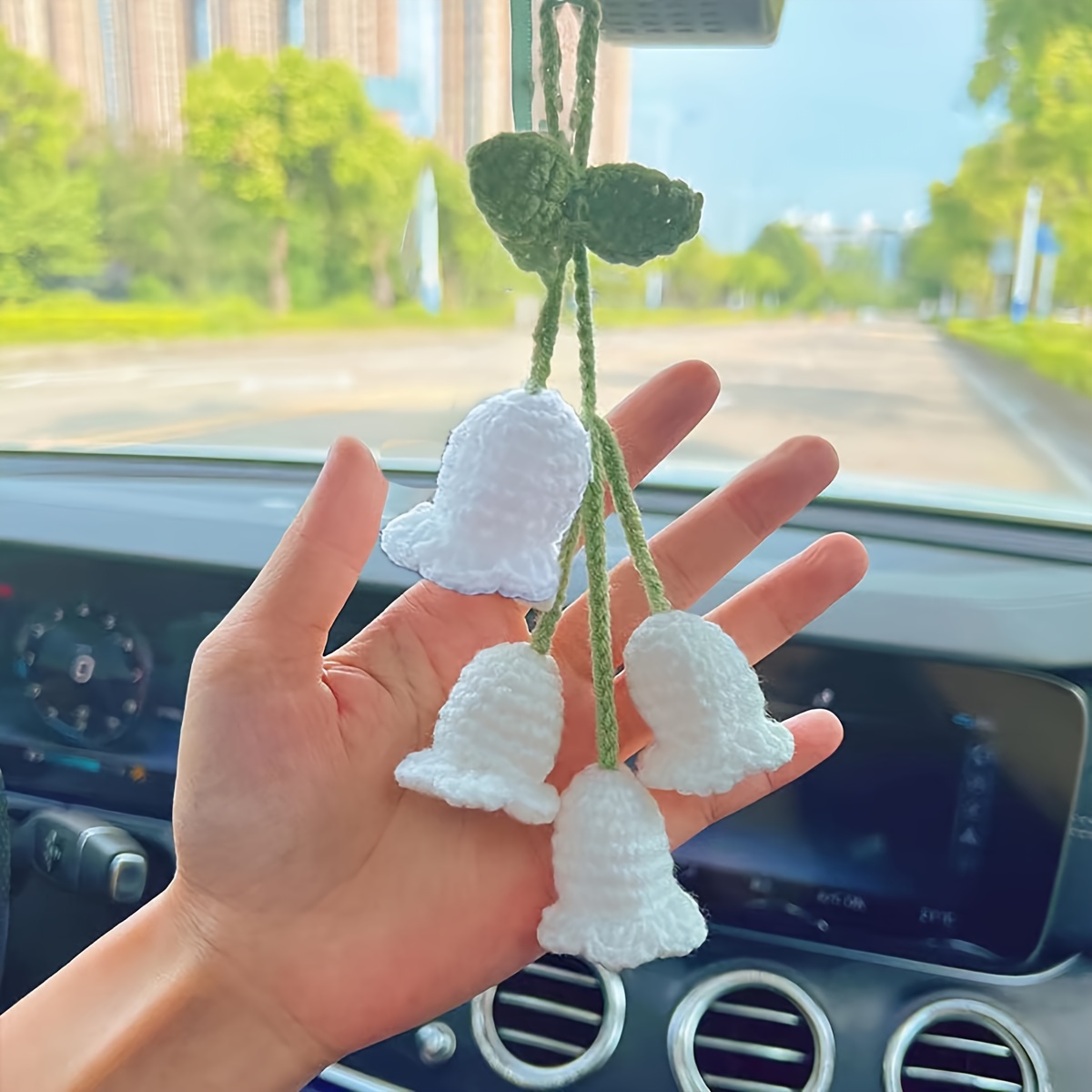 YSHomy Crochet Car Mirror Hanging Accessories Handmade Knitted Boho  Succulent Basket Ornament for Rearview Mirror Interior/Home Aesthetic  Decorations (White Flo…