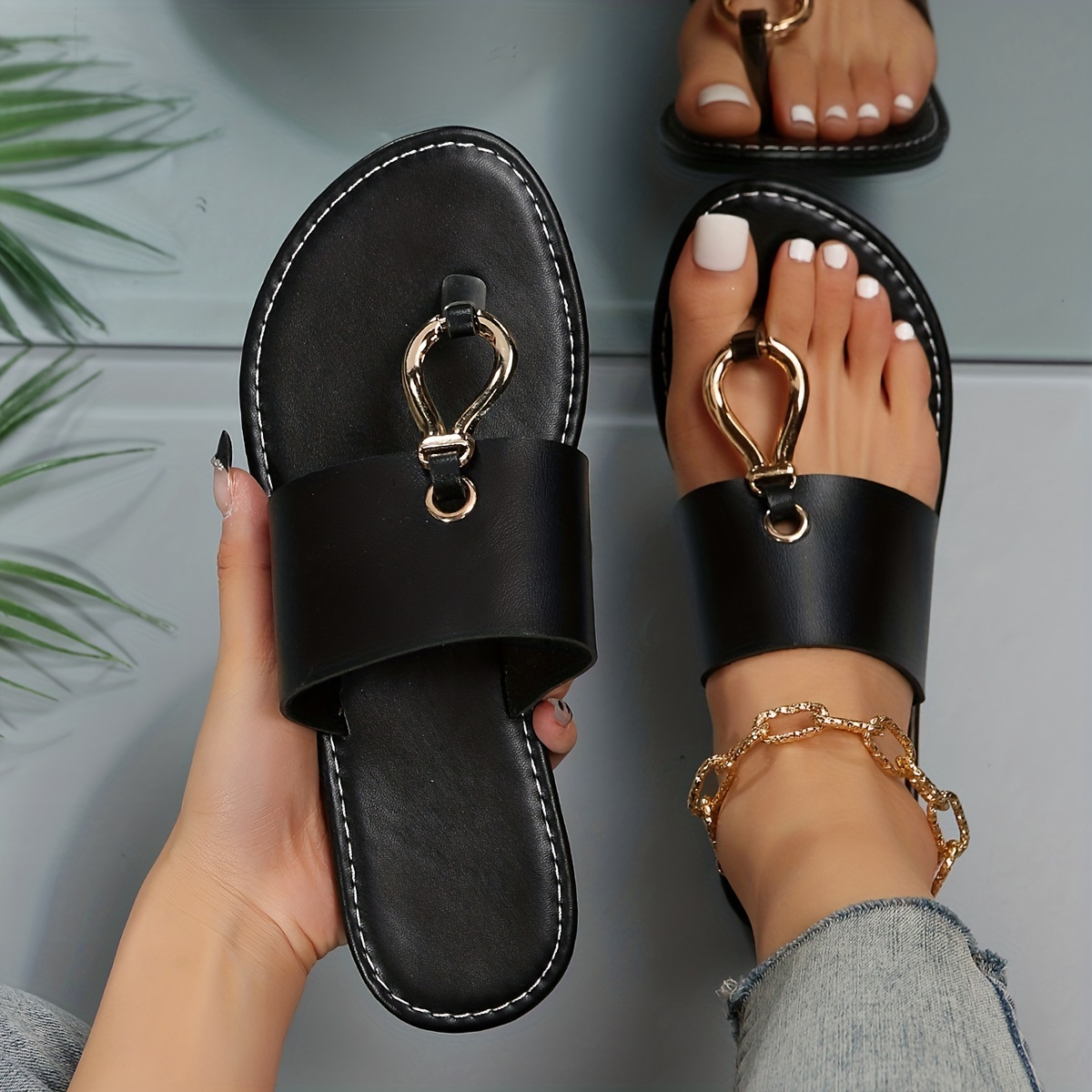 

Women's Flat Thong Slide Sandals, Trendy Slip On Faux Leather Shoes, Fashion Beach Slide Sandals