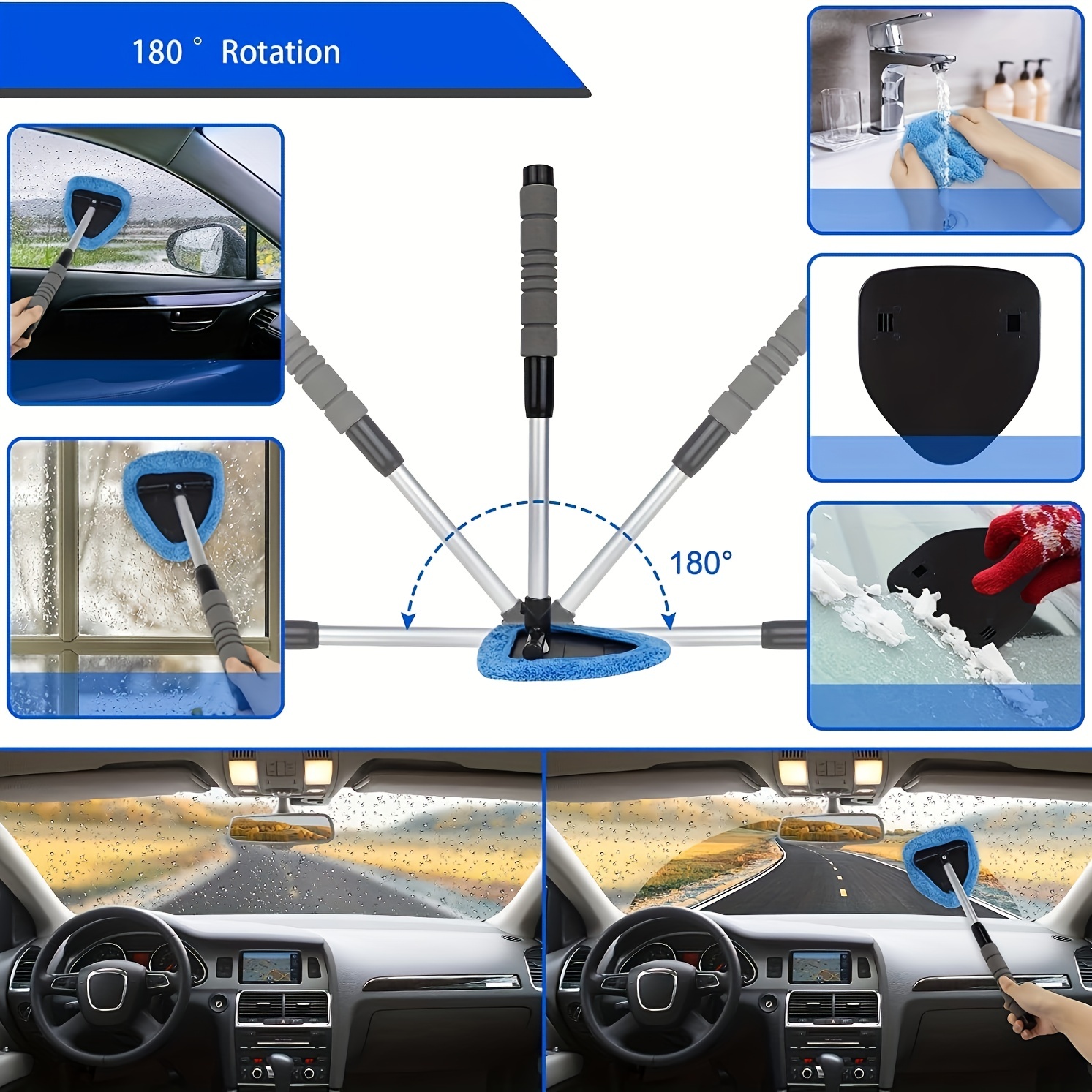 Acheter Nettoyeur de pare-brise de voiture, outil de nettoyage de vitres  automatique avec poignée extensible et 2 tampons en microfibre  réutilisables