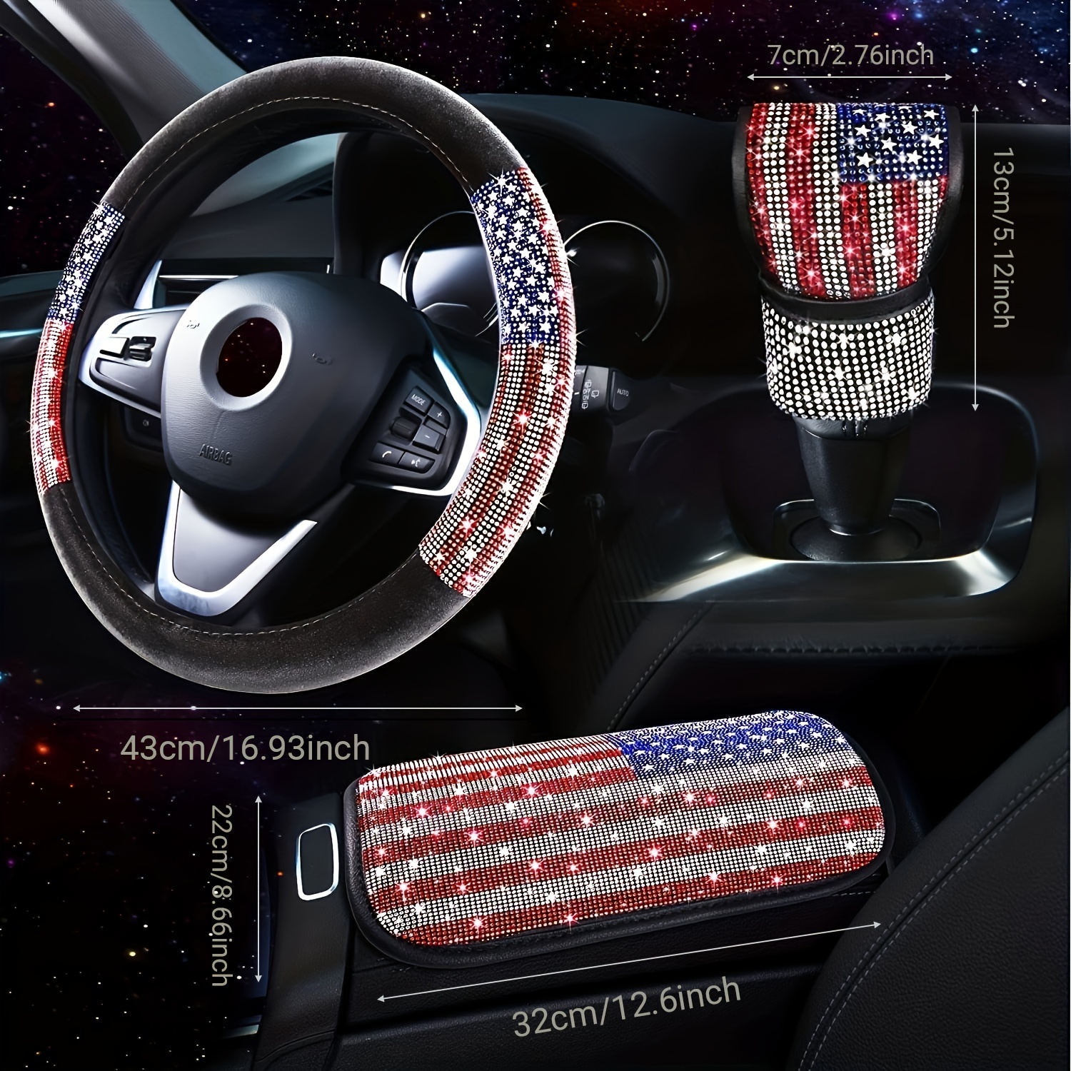 Rhinestone Bling Car Accessories 3pcs Women American Flag Bling Steering  Wheel Cover Glitter Center Console Cover Sparkly Gear Shift Cover, High-quality & Affordable